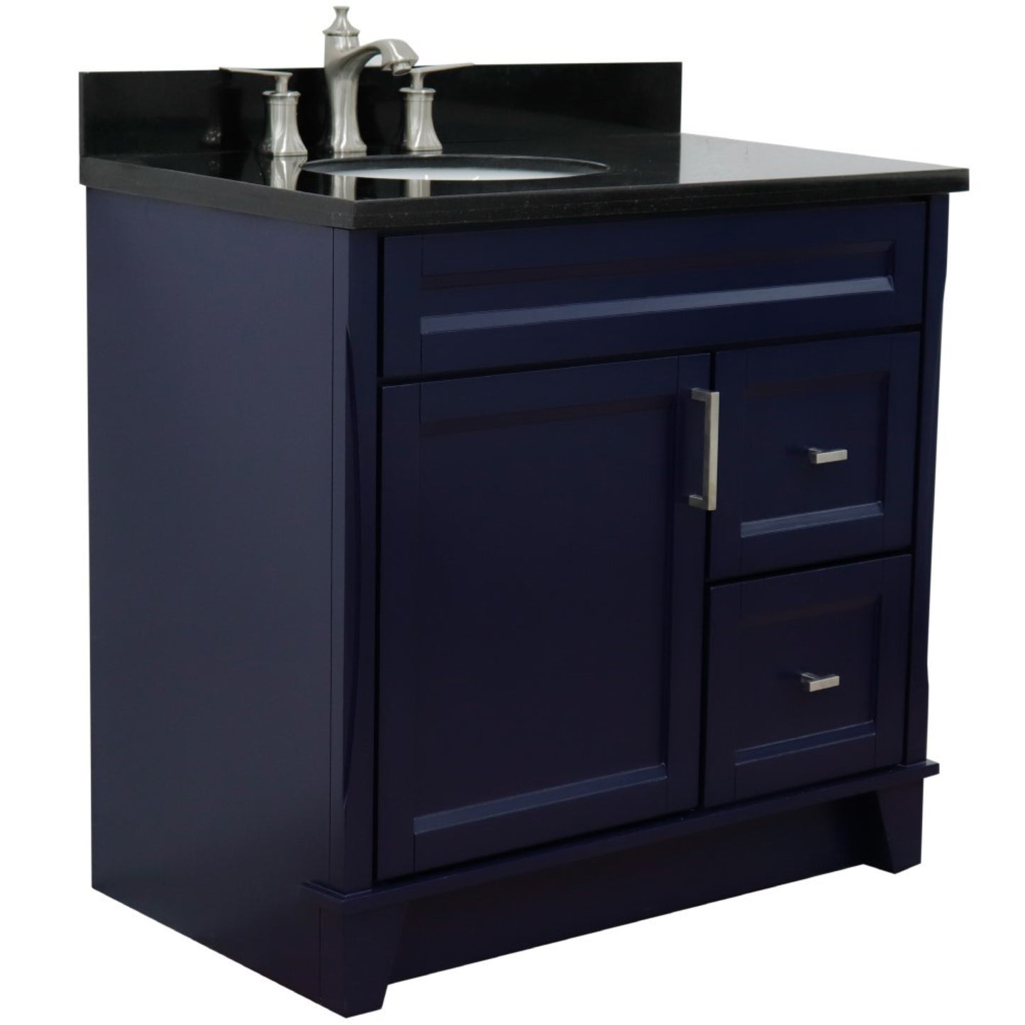 37" Single sink vanity in Blue finish with Black galaxy granite and Left door/Left sink