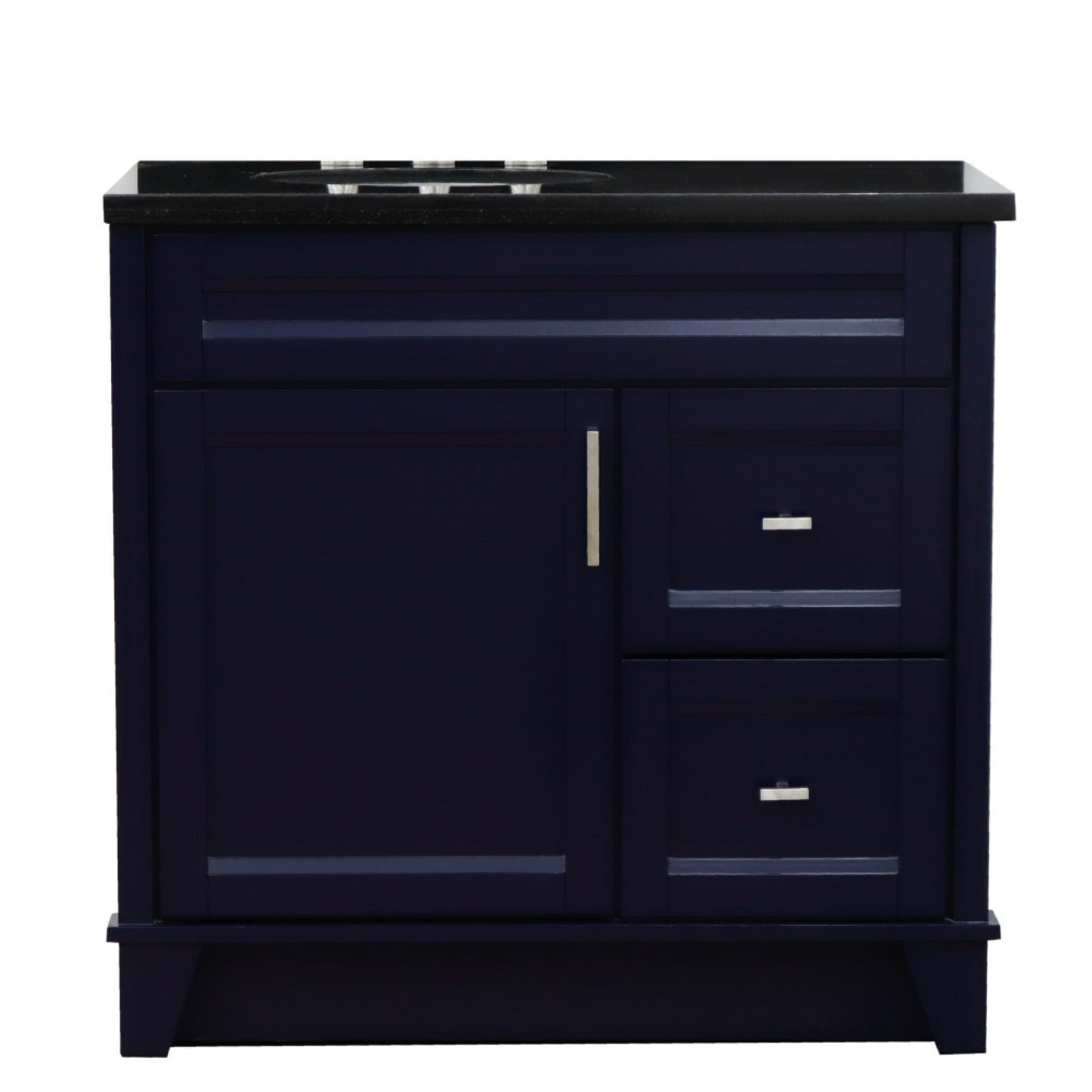 37" Single sink vanity in Blue finish with Black galaxy granite and Left door/Left sink