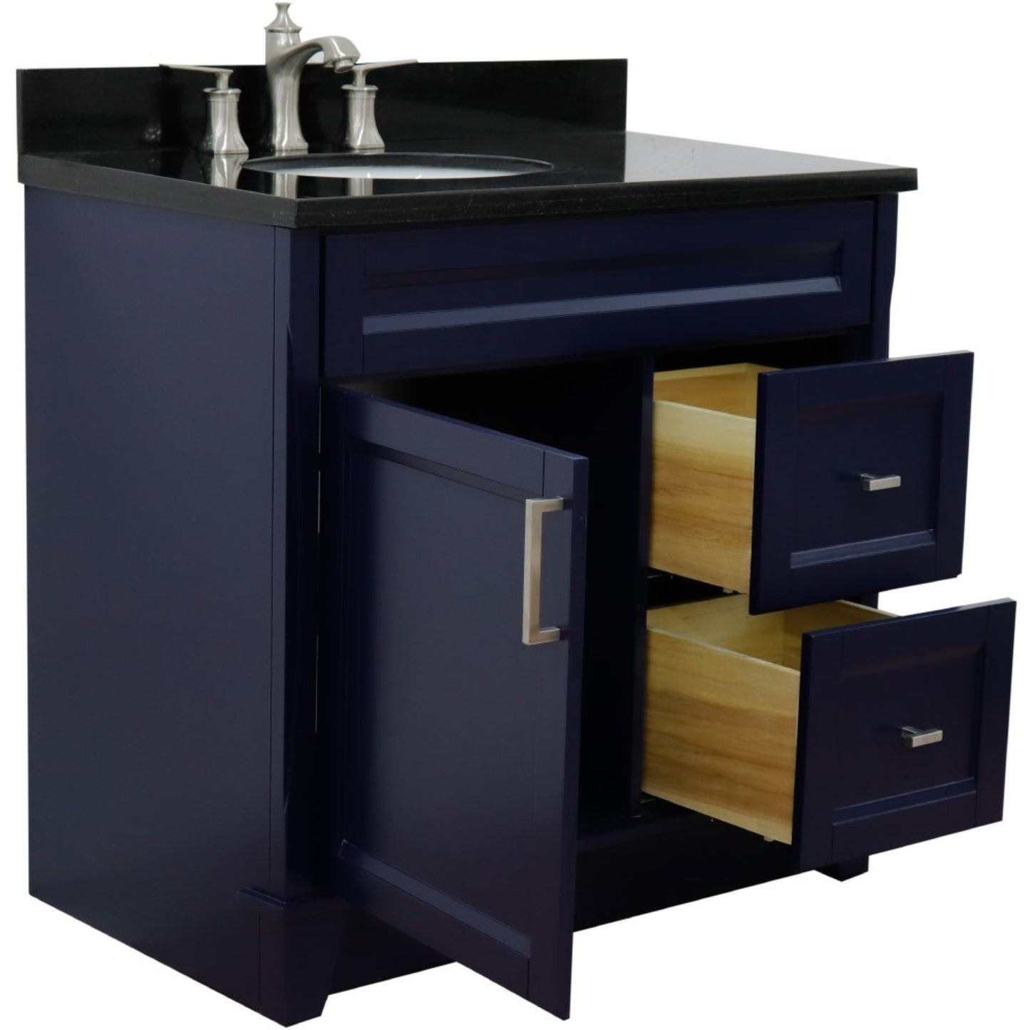 37" Single sink vanity in Blue finish with Black galaxy granite and Left door/Left sink
