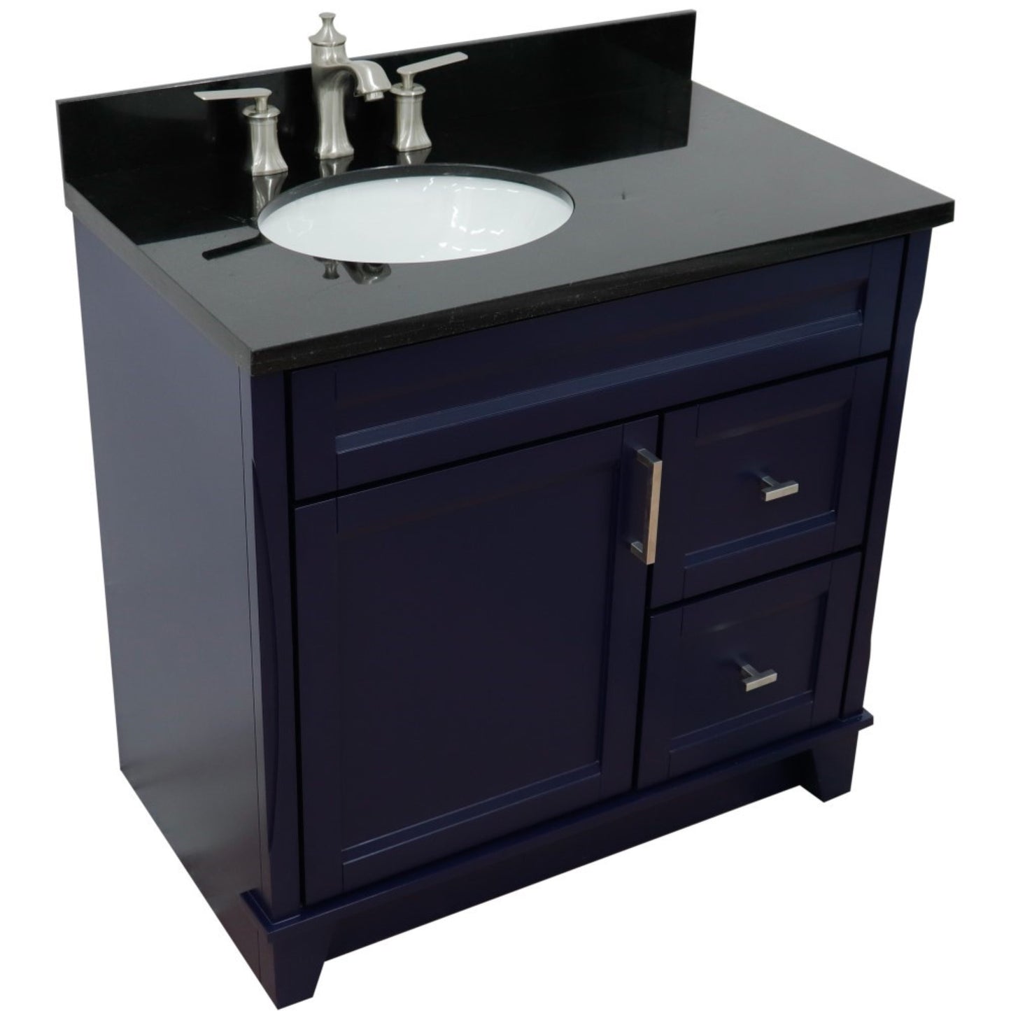 37" Single sink vanity in Blue finish with Black galaxy granite and Left door/Left sink