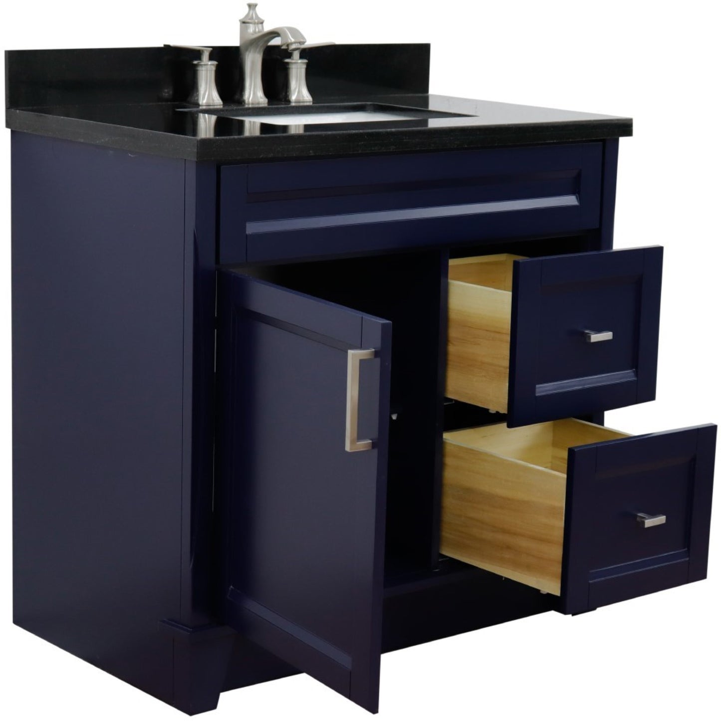 37" Single sink vanity in Blue finish with Black galaxy granite and Left door/Center sink
