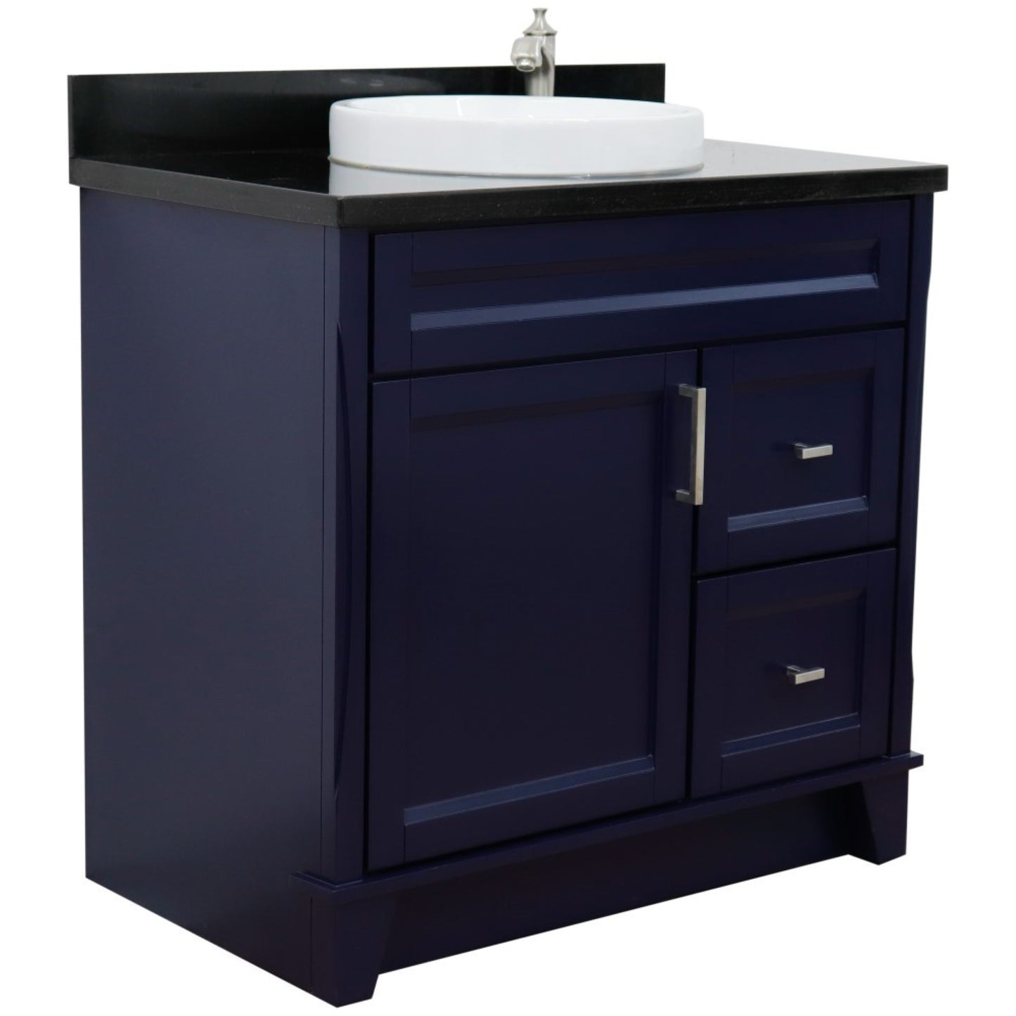 37" Single sink vanity in Blue finish with Black galaxy granite and Left door/Round Center sink