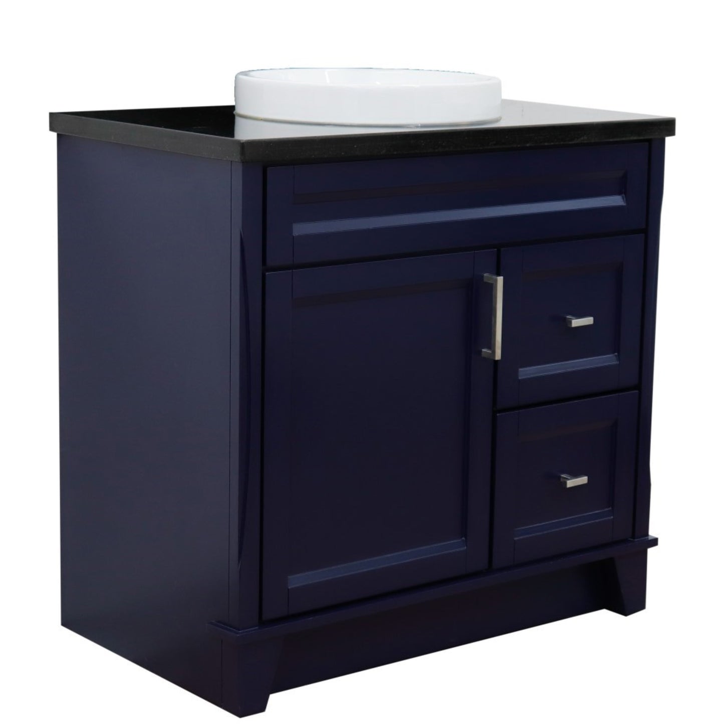 37" Single sink vanity in Blue finish with Black galaxy granite and Left door/Round Center sink