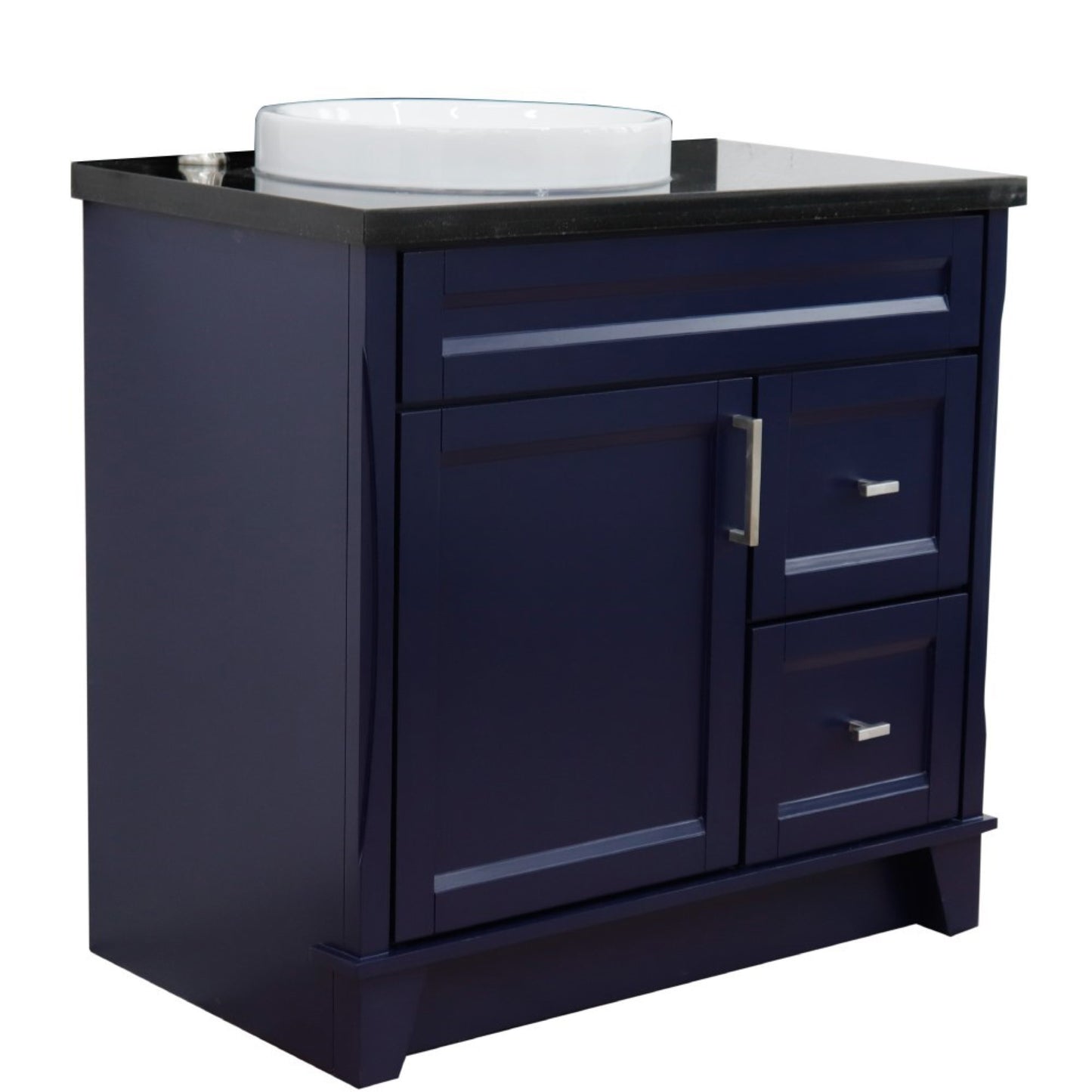 37" Single sink vanity in Blue finish with Black galaxy granite and Left door/Round Left sink