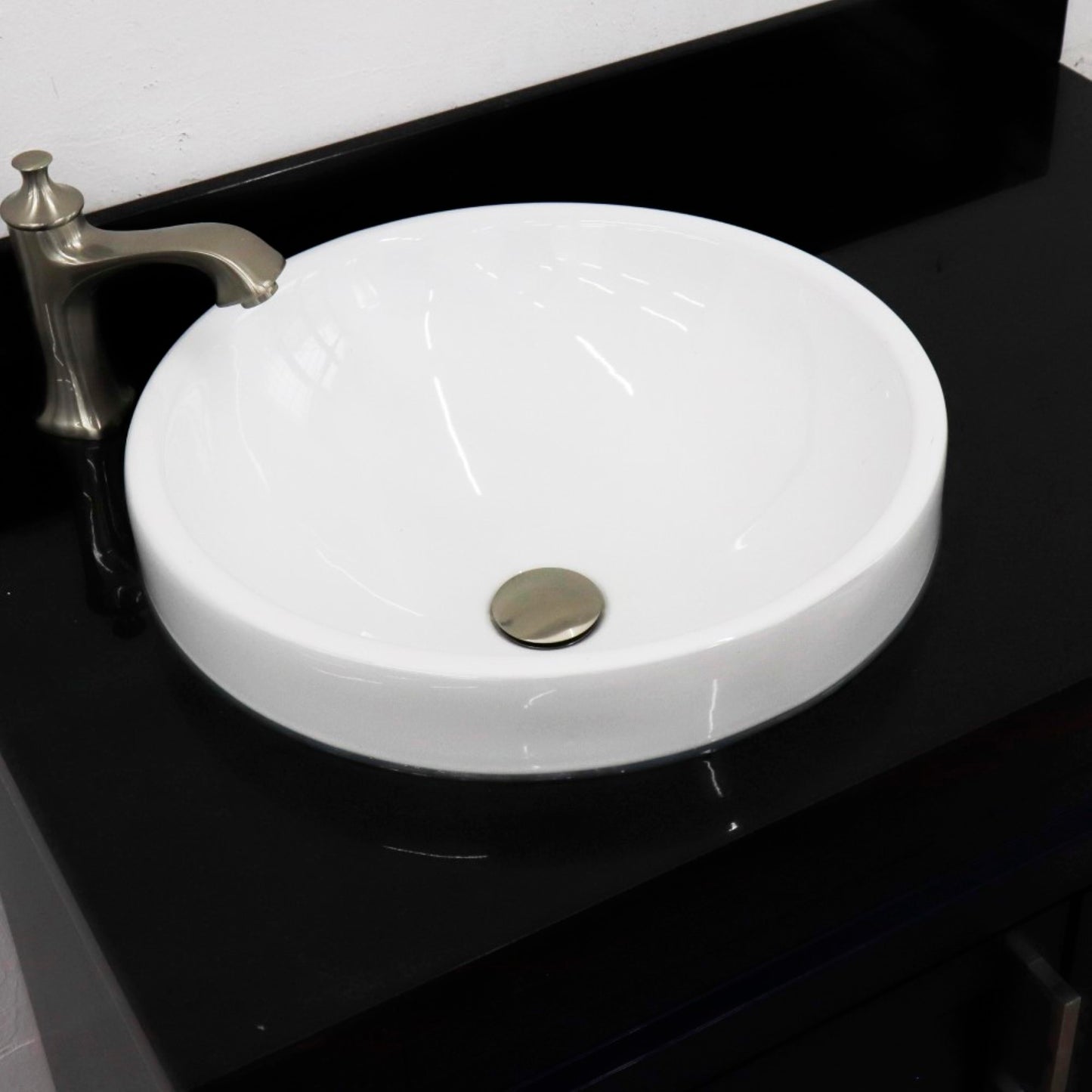 37" Single sink vanity in Blue finish with Black galaxy granite and Left door/Round Left sink