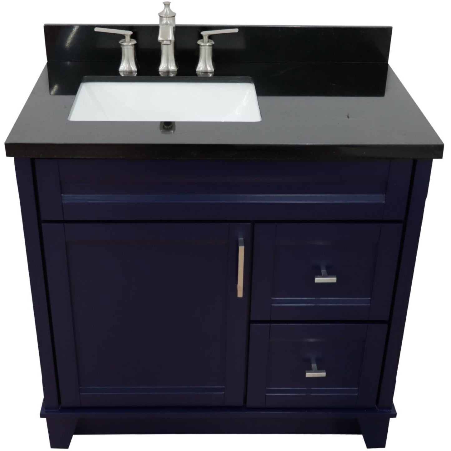 37" Single sink vanity in Blue finish with Black galaxy granite and Left door/Left sink