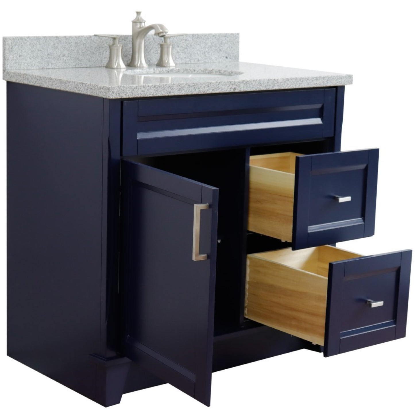 37" Single sink vanity in Blue finish with Gray granite and Left door/Center sink