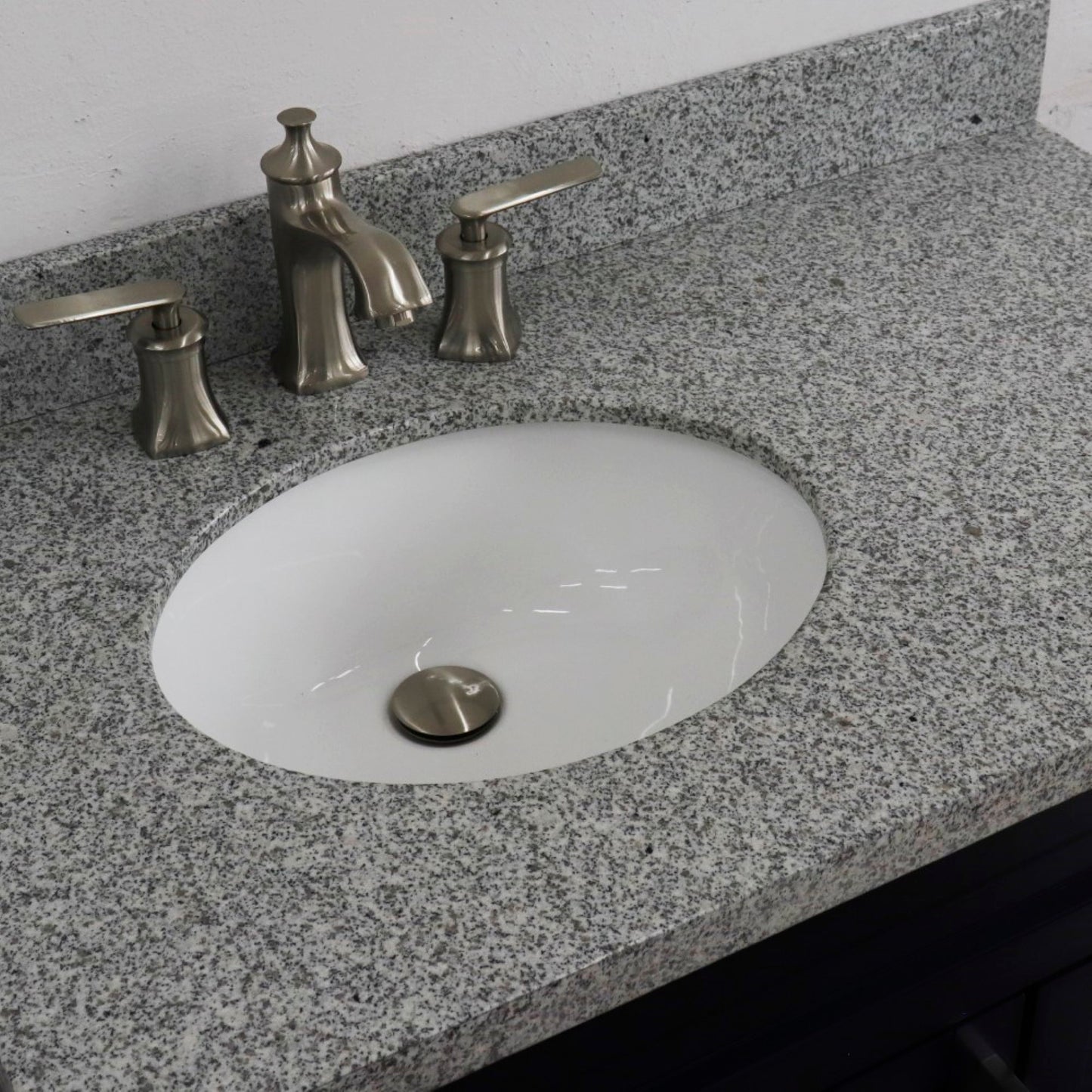 37" Single sink vanity in Blue finish with Gray granite and Left door/Left sink