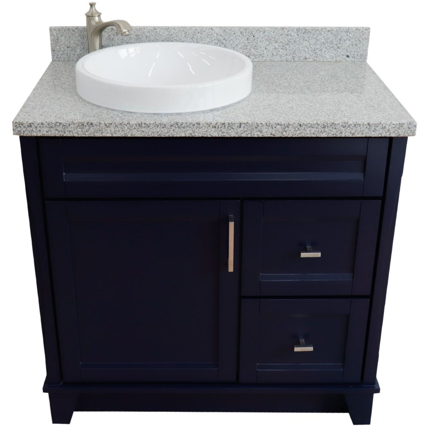 37" Single sink vanity in Blue finish with Gray granite and Left door/Round Left sink