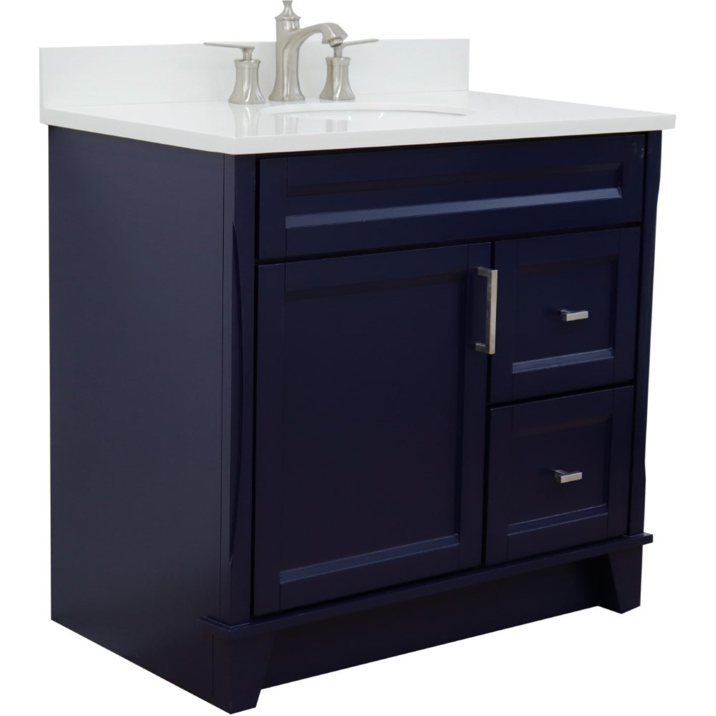 37" Single sink vanity in Blue finish with White engineered stone and Left door/Center sink