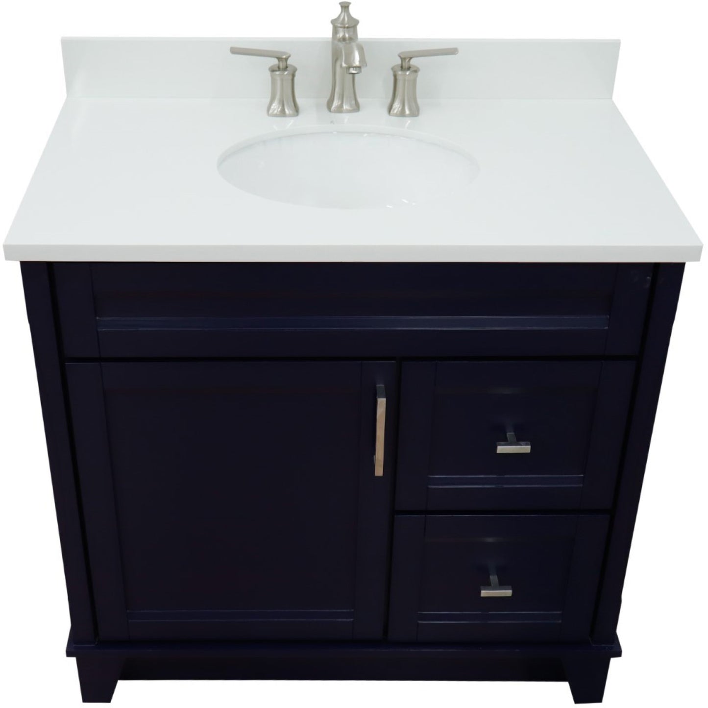 37" Single sink vanity in Blue finish with White engineered stone and Left door/Center sink