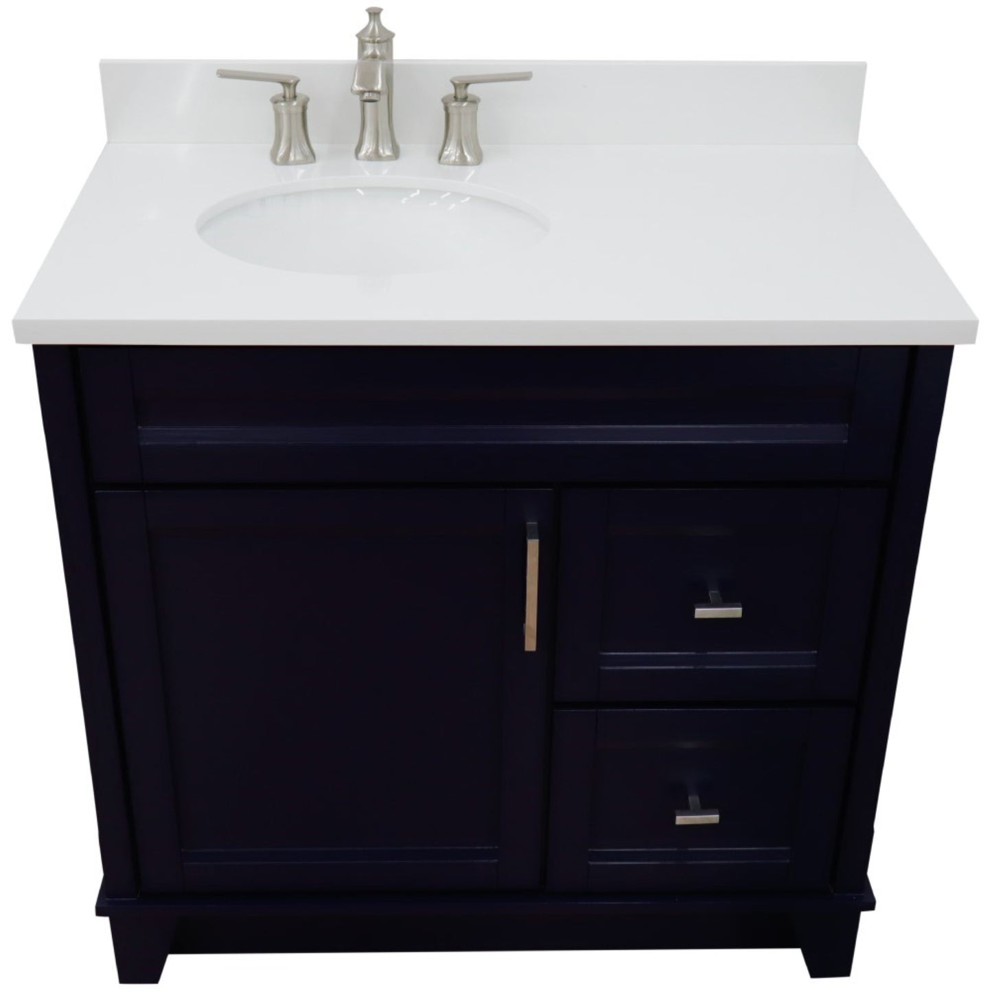 37" Single sink vanity in Blue finish with White engineered stone and Left door/Left sink