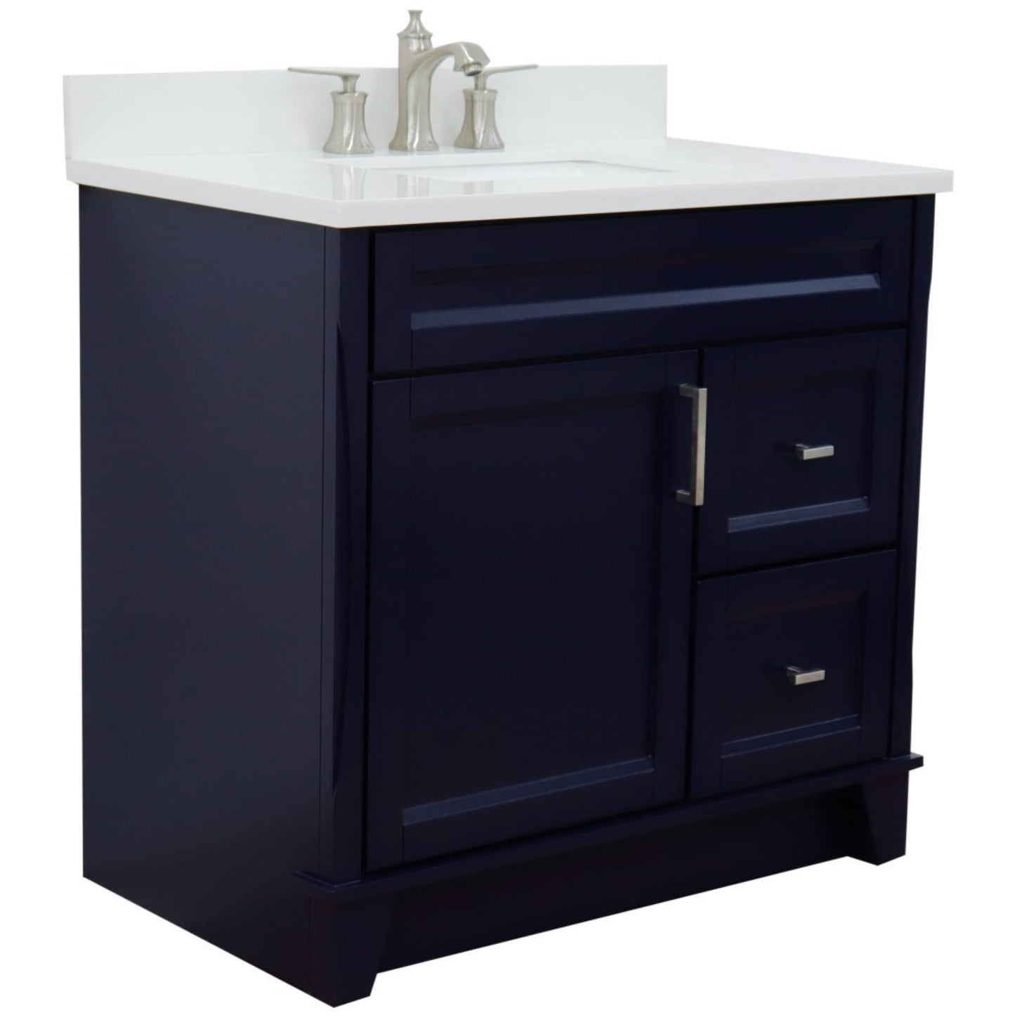 37" Single sink vanity in Blue finish with White engineered stone and Left door/Center sink
