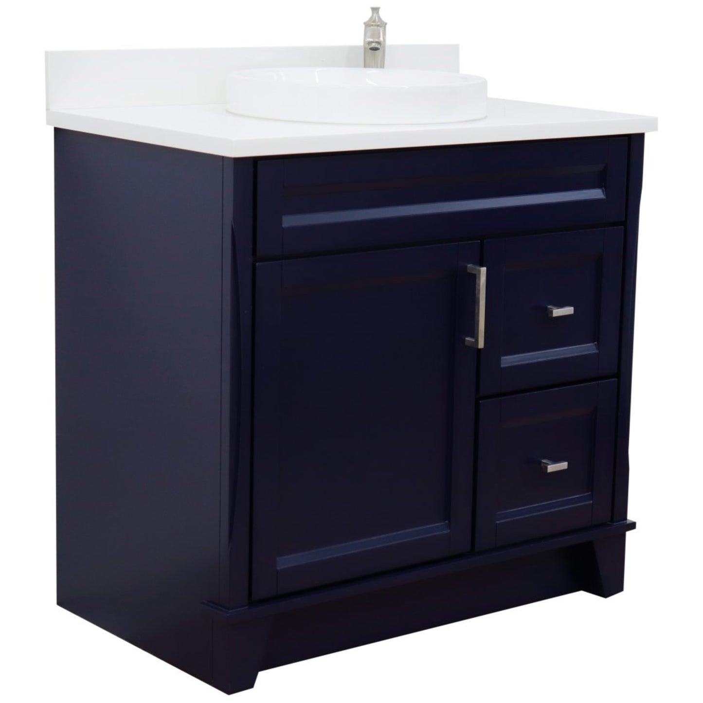 37" Single sink vanity in Blue finish with White engineered stone and Left door/Round Center sink