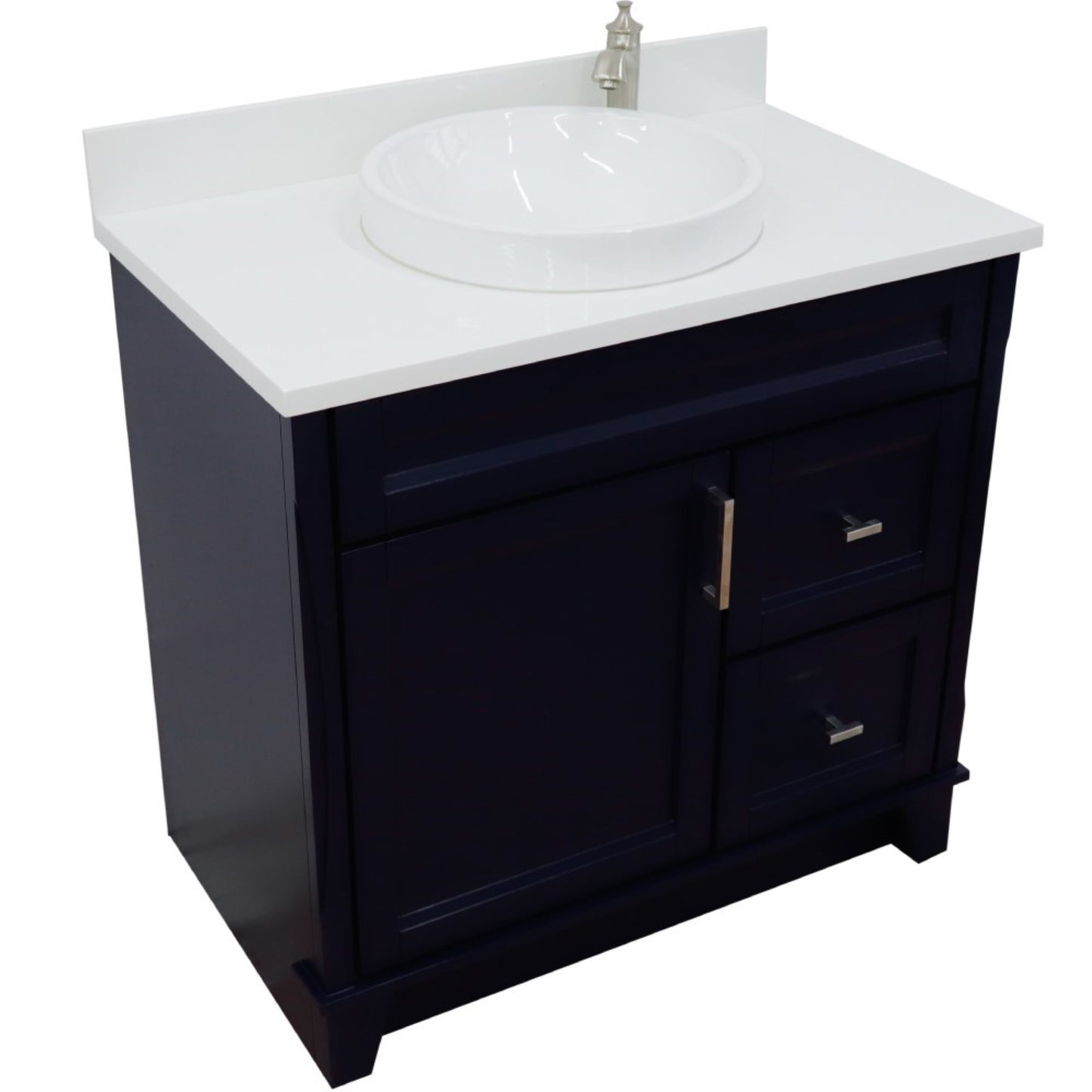 37" Single sink vanity in Blue finish with White engineered stone and Left door/Round Center sink