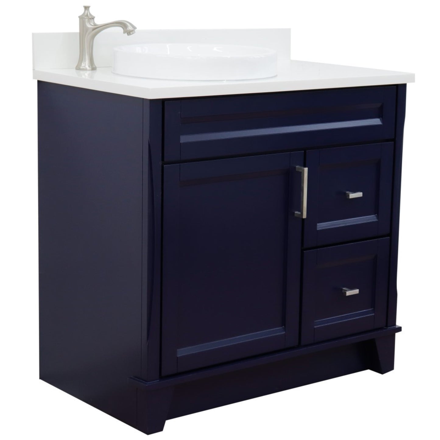 37" Single sink vanity in Blue finish with White engineered stone and Left door/Round Left sink