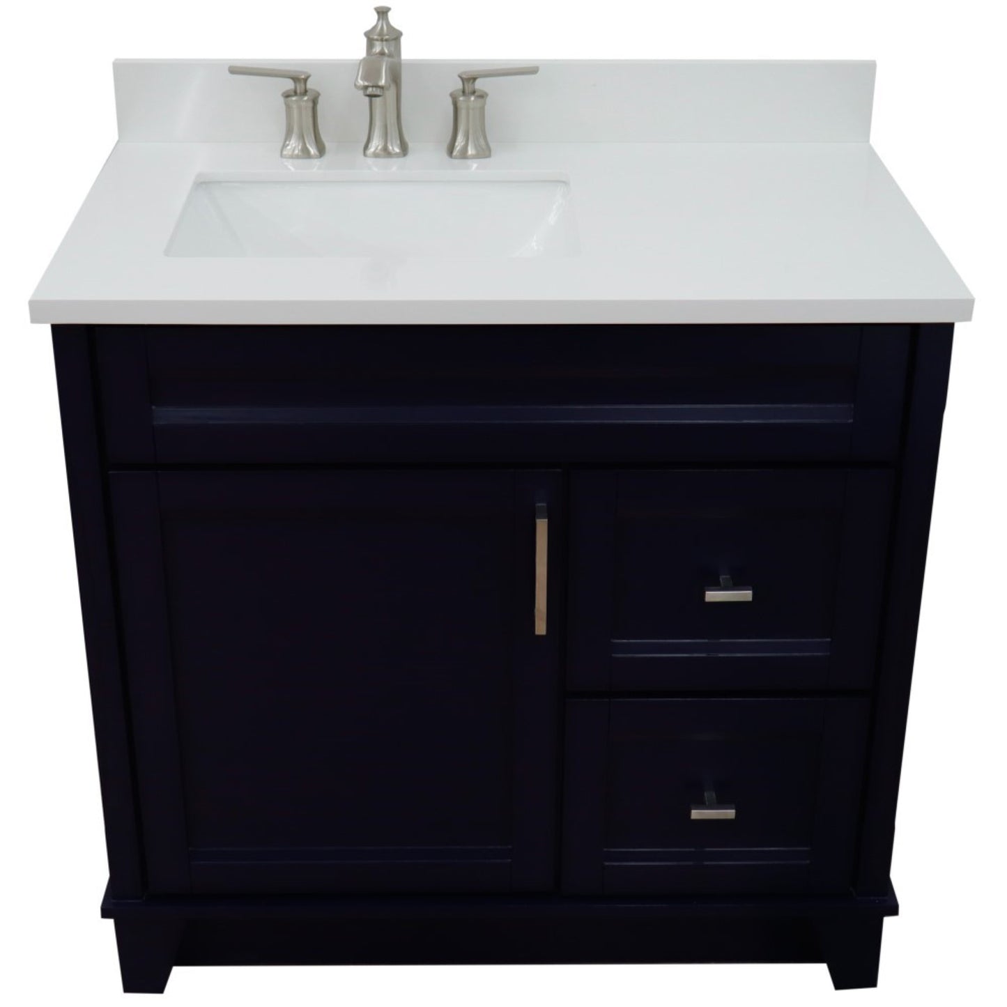 37" Single sink vanity in Blue finish with White engineered stone and Left door/Left sink