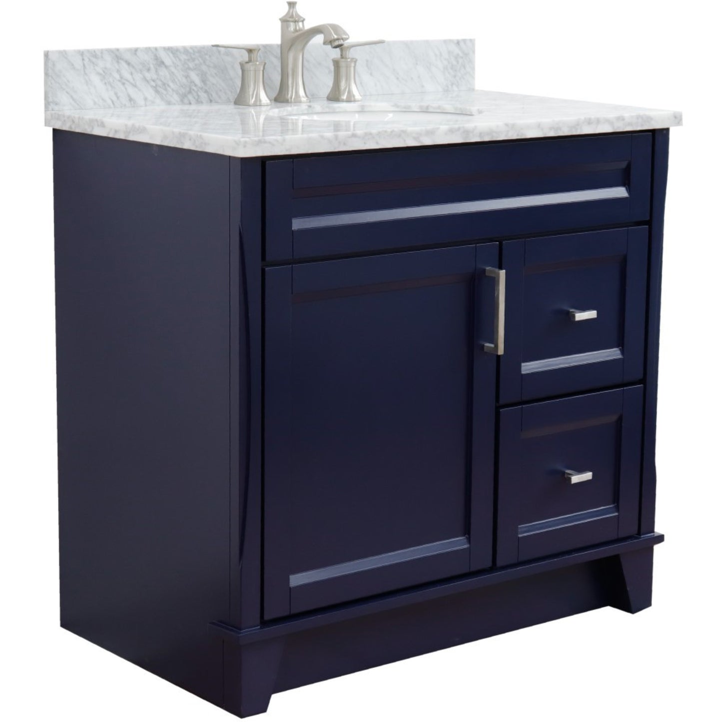 37" Single sink vanity in Blue finish with White Carrara marble and Left door/Center sink