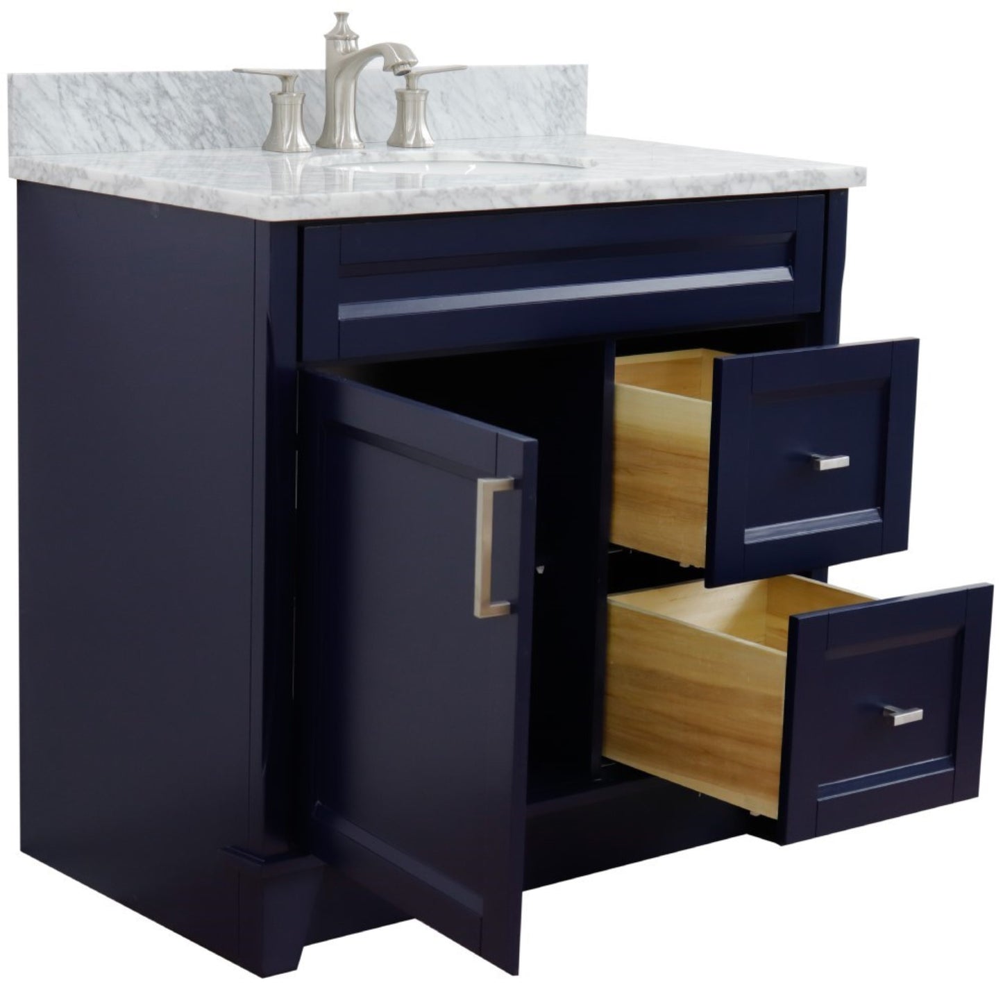 37" Single sink vanity in Blue finish with White Carrara marble and Left door/Center sink