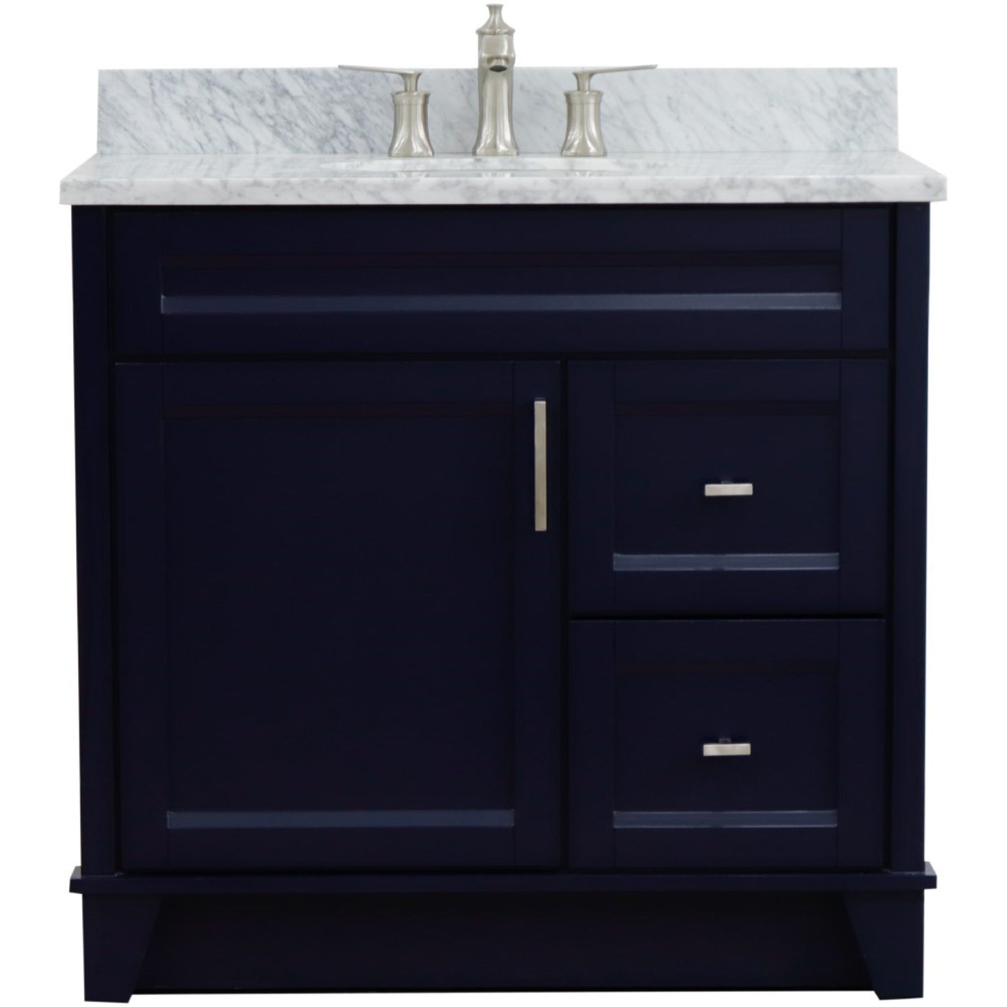 37" Single sink vanity in Blue finish with White Carrara marble and Left door/Center sink