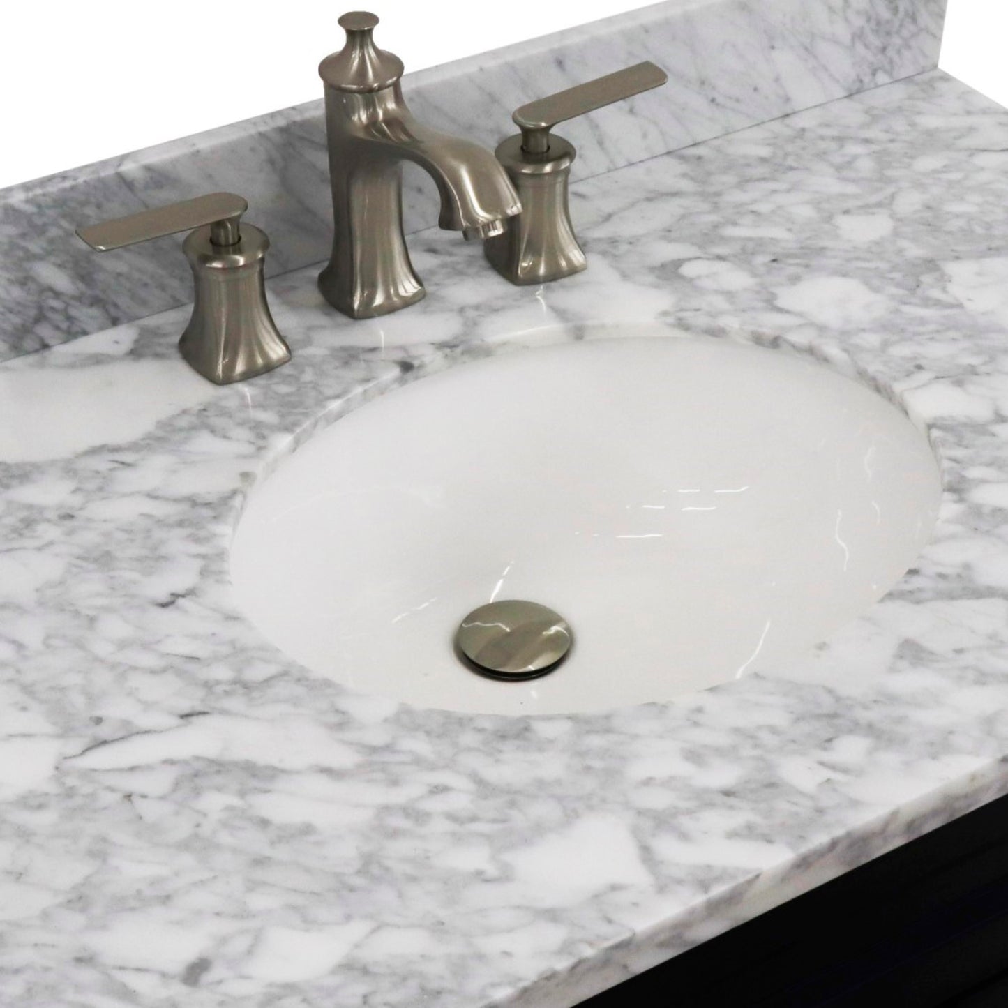 37" Single sink vanity in Blue finish with White Carrara marble and Left door/Center sink