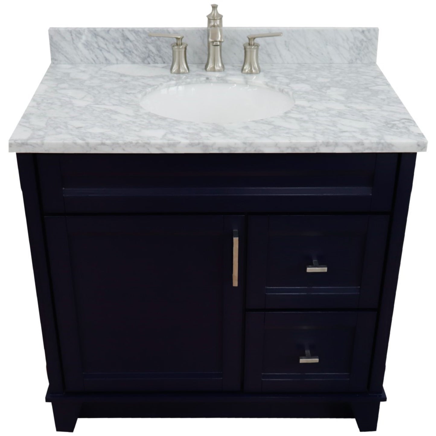 37" Single sink vanity in Blue finish with White Carrara marble and Left door/Center sink
