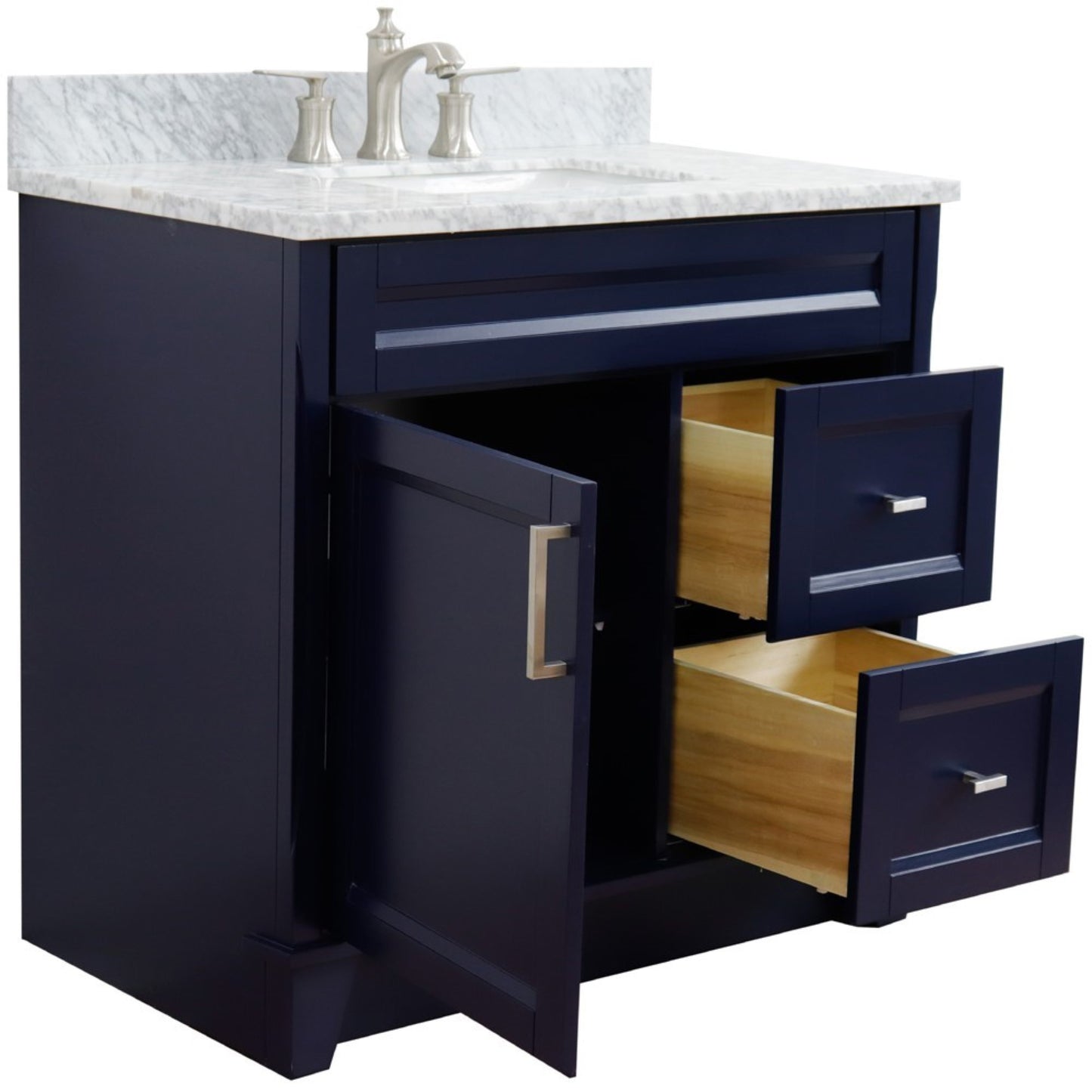 37" Single sink vanity in Blue finish with White Carrara marble and Left door/Center sink