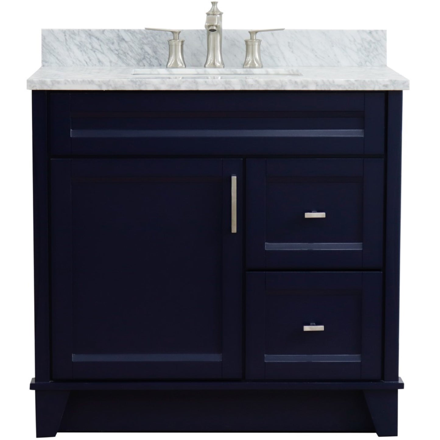 37" Single sink vanity in Blue finish with White Carrara marble and Left door/Center sink