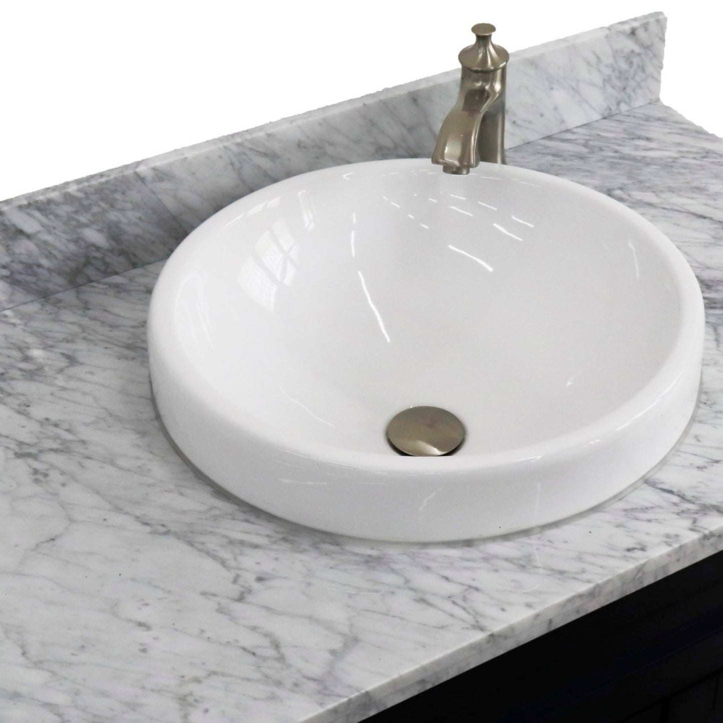37" Single sink vanity in Blue finish with White Carrara marble and Left door/Round Center sink