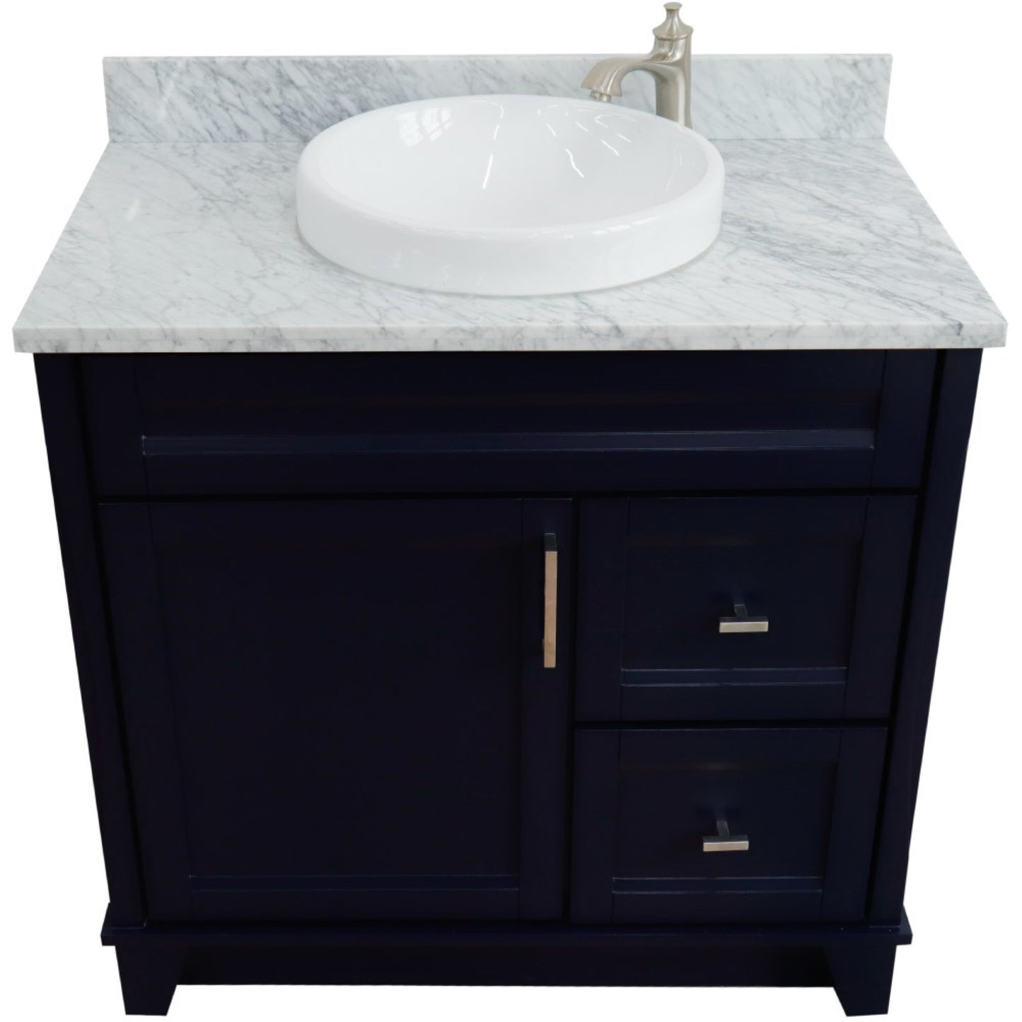 37" Single sink vanity in Blue finish with White Carrara marble and Left door/Round Center sink