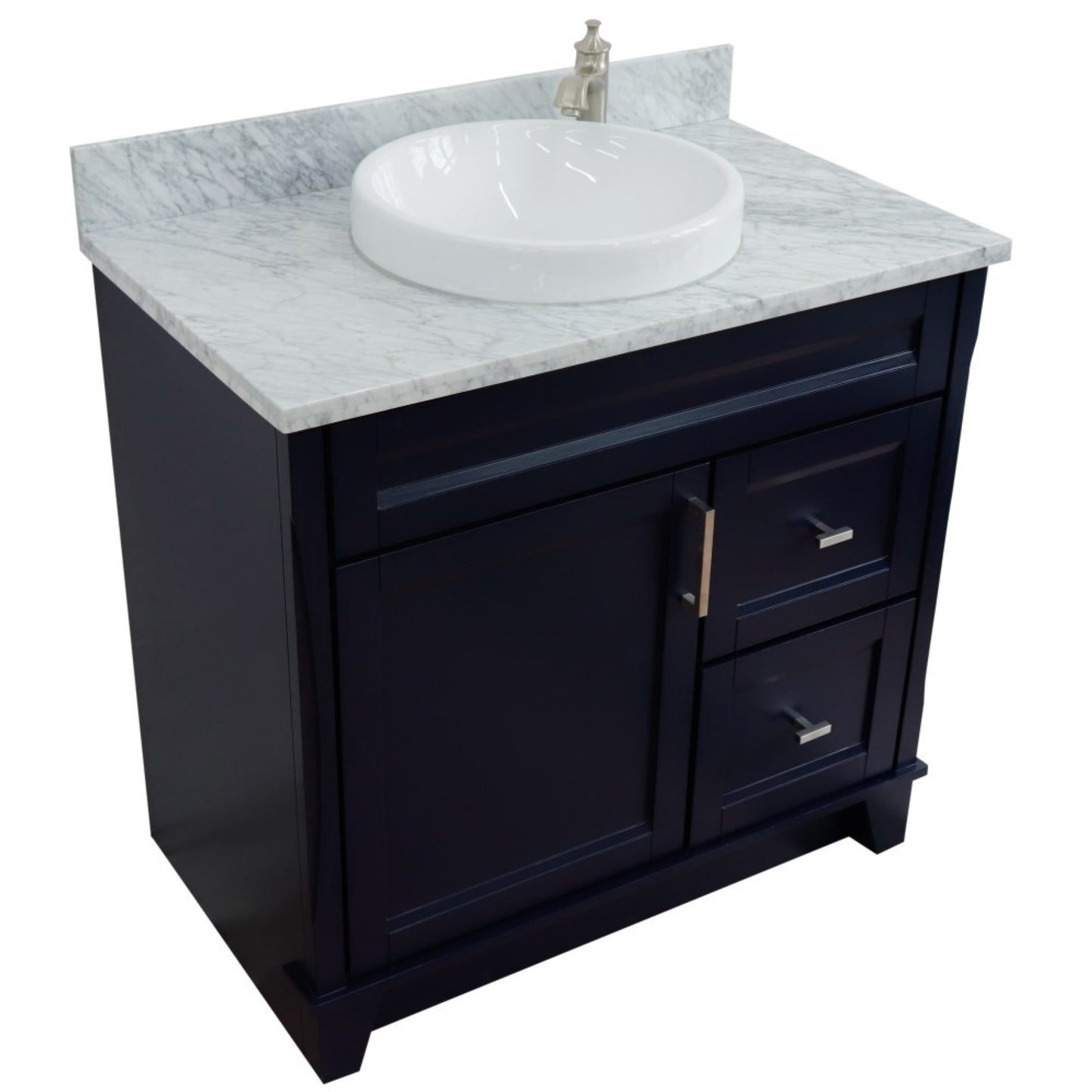 37" Single sink vanity in Blue finish with White Carrara marble and Left door/Round Center sink
