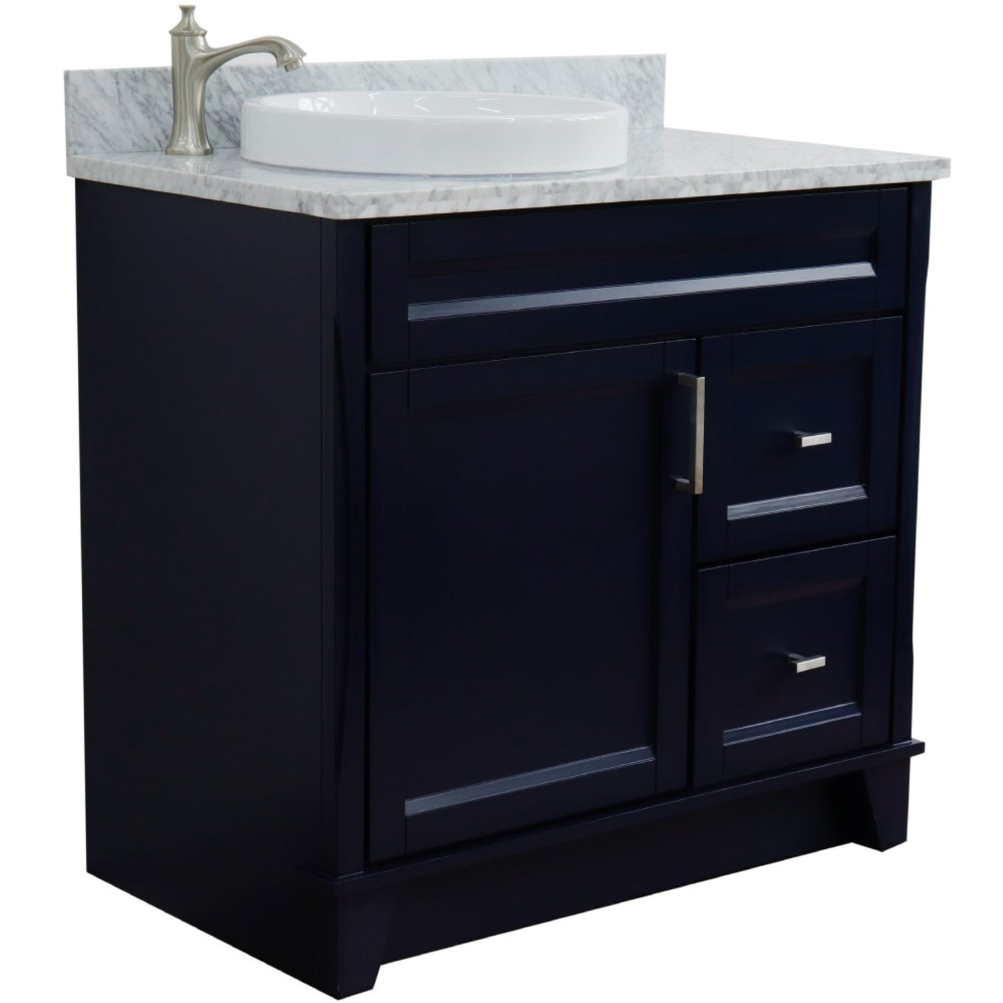 37" Single sink vanity in Blue finish with White Carrara marble and Left door/Round Left sink