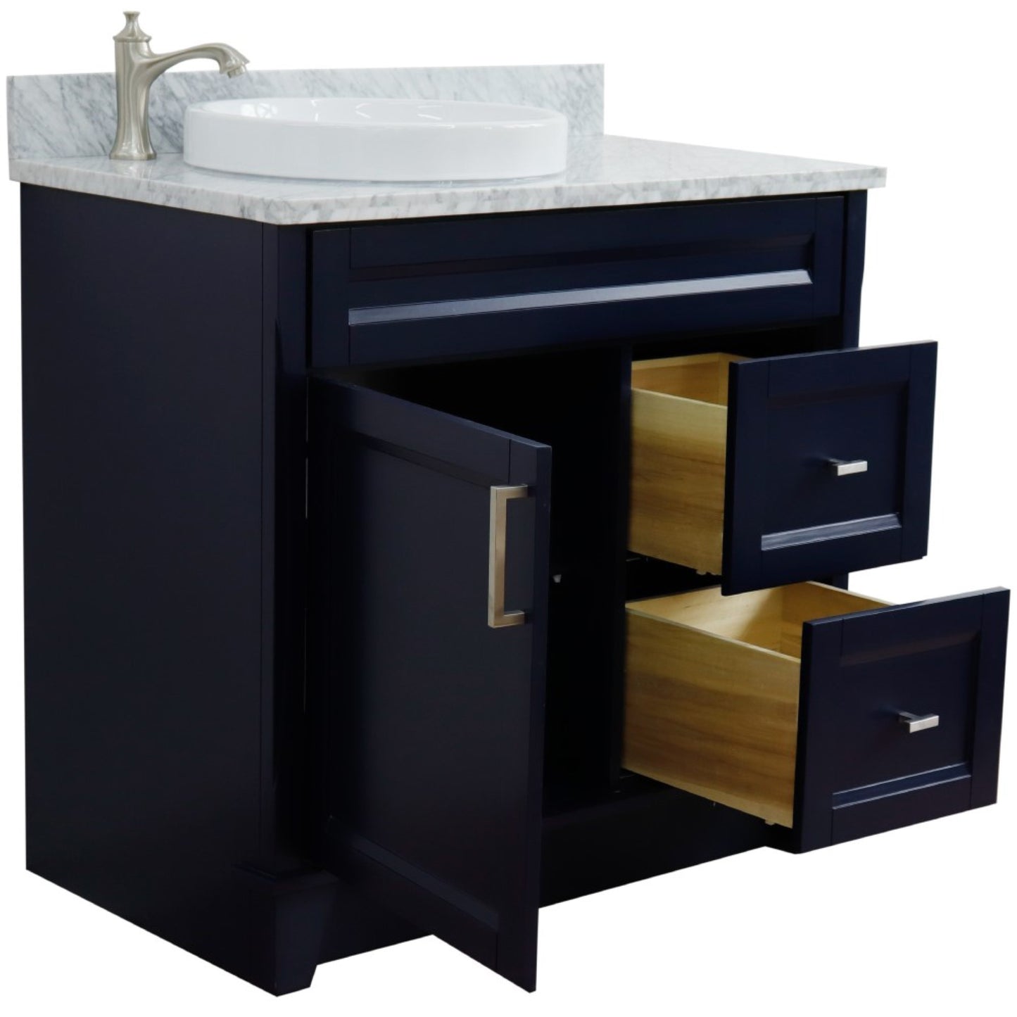 37" Single sink vanity in Blue finish with White Carrara marble and Left door/Round Left sink