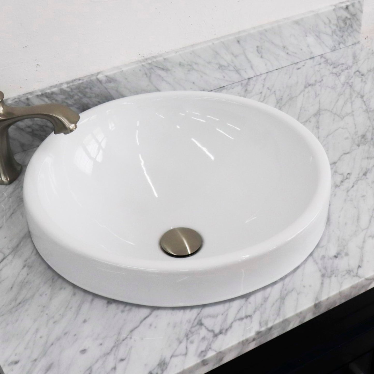 37" Single sink vanity in Blue finish with White Carrara marble and Left door/Round Left sink