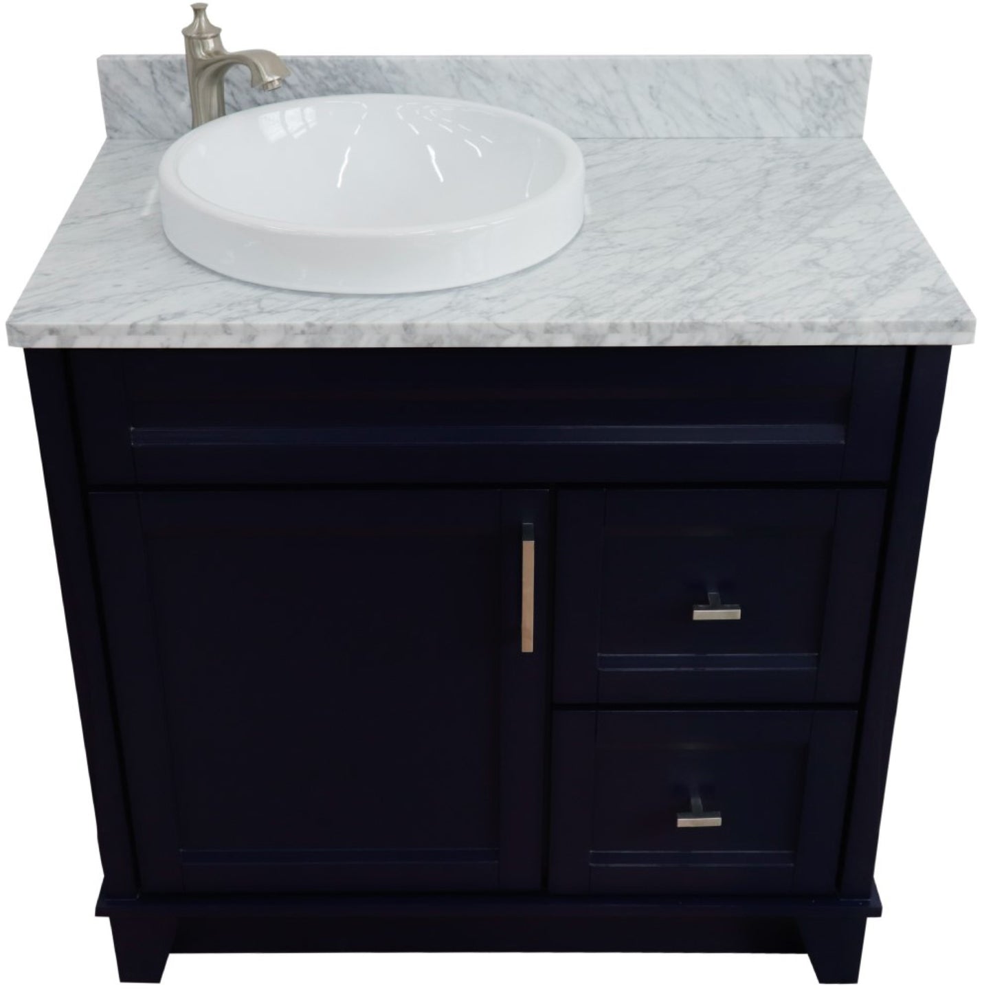 37" Single sink vanity in Blue finish with White Carrara marble and Left door/Round Left sink
