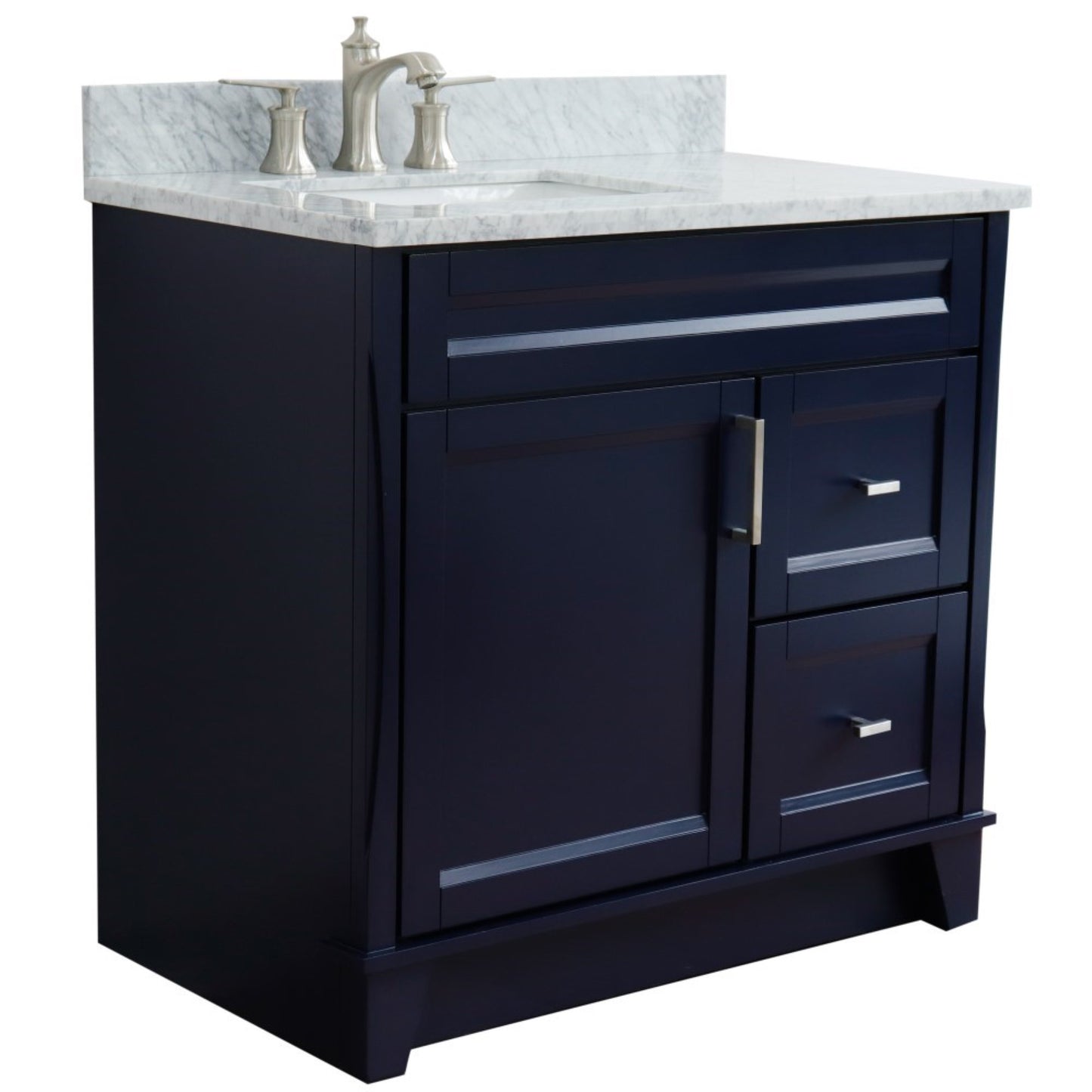 37" Single sink vanity in Blue finish with White Carrara marble and Left door/Left sink