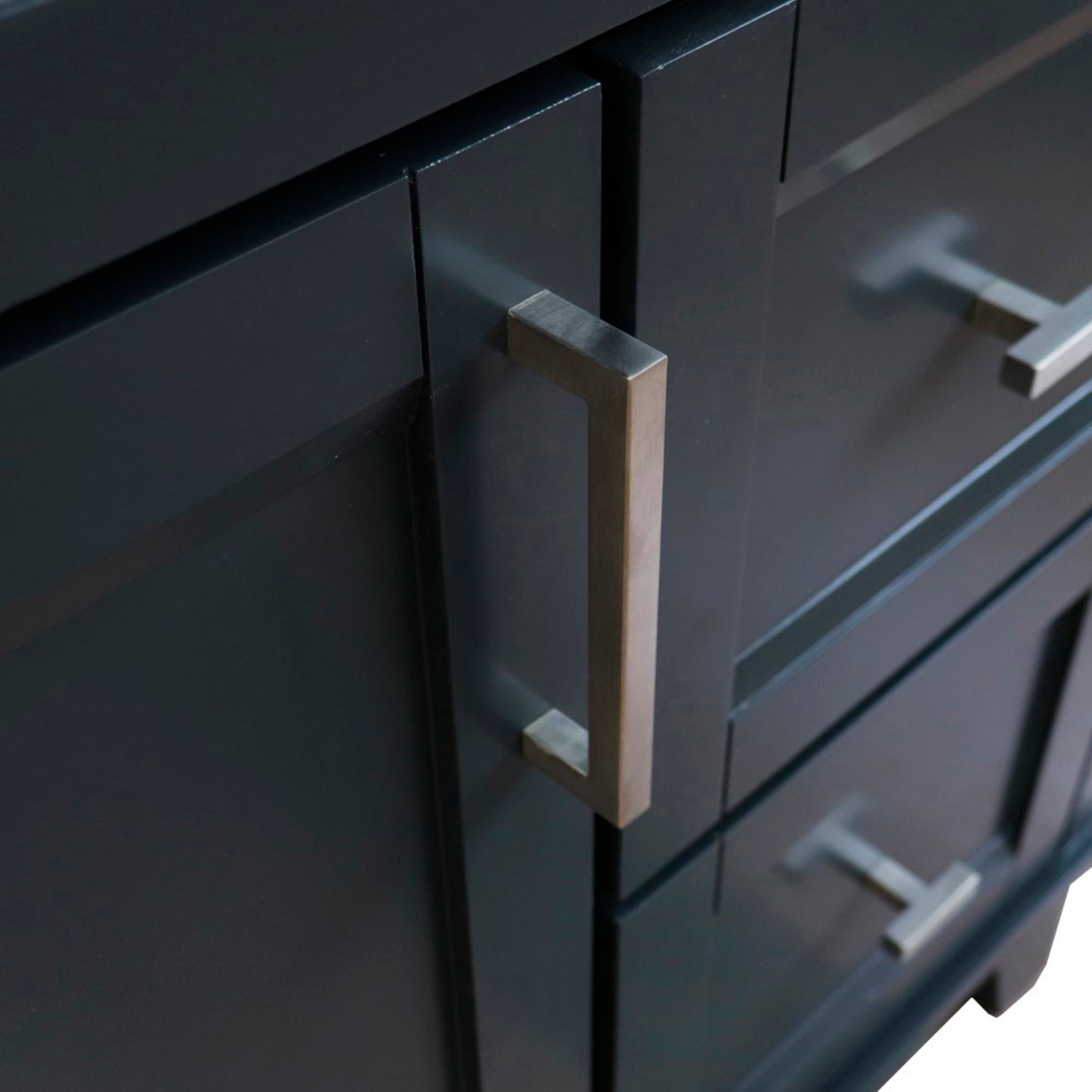 37" Single sink vanity in Dark Gray finish with Black galaxy granite and Left door/Center sink