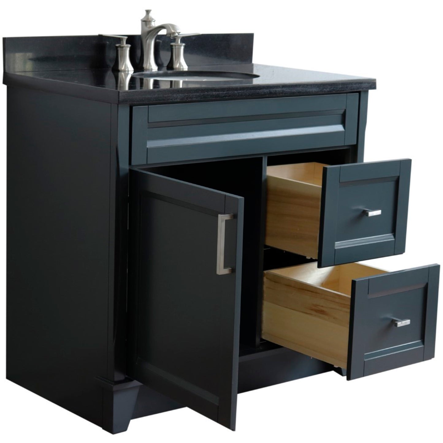 37" Single sink vanity in Dark Gray finish with Black galaxy granite and Left door/Center sink