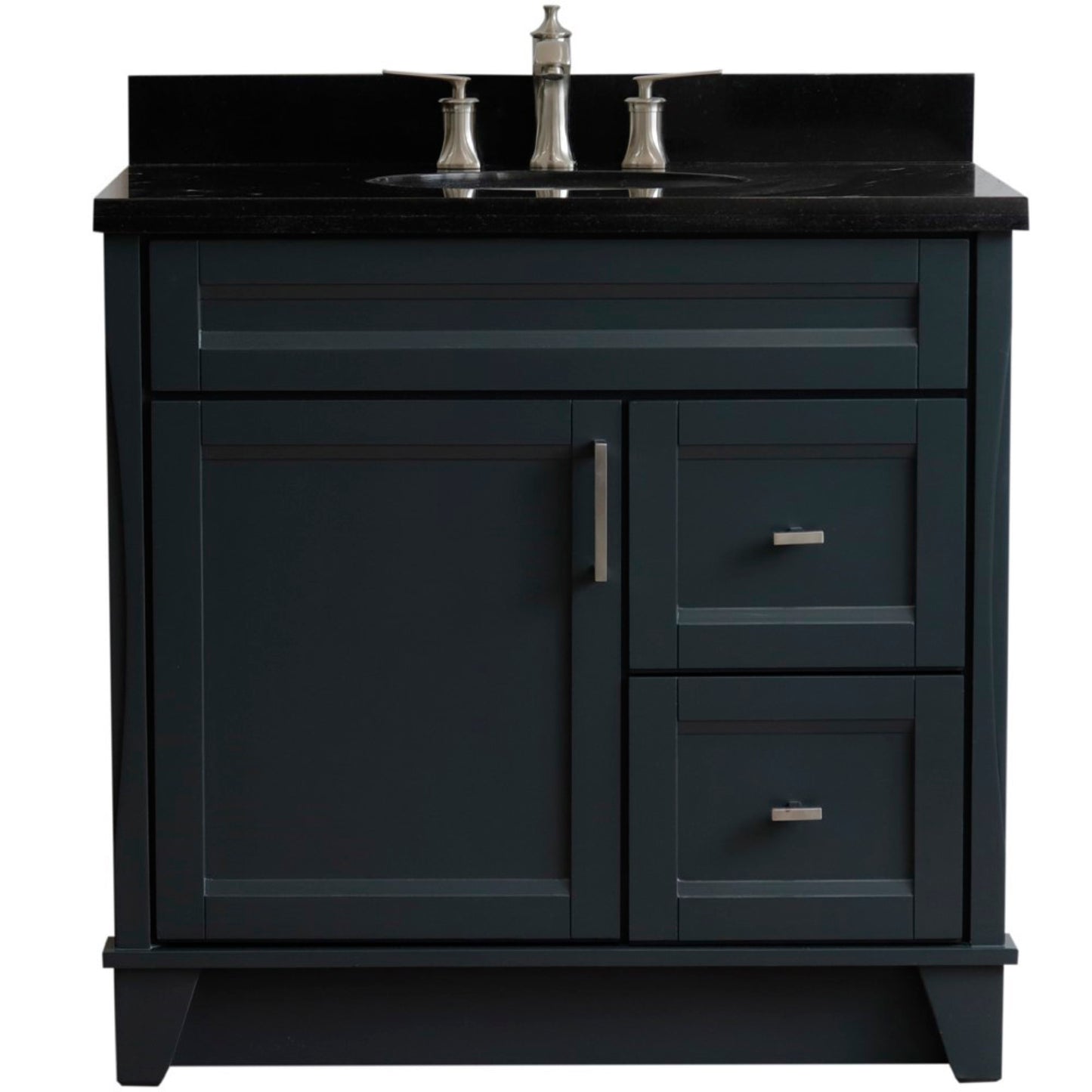 37" Single sink vanity in Dark Gray finish with Black galaxy granite and Left door/Center sink