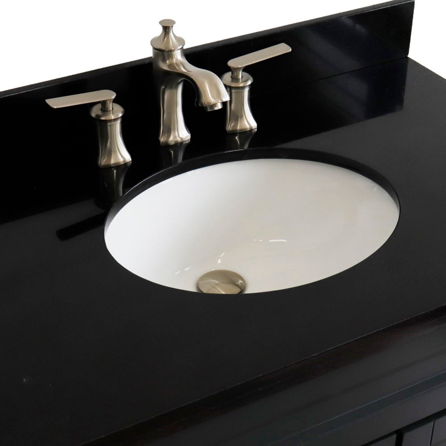 37" Single sink vanity in Dark Gray finish with Black galaxy granite and Left door/Center sink