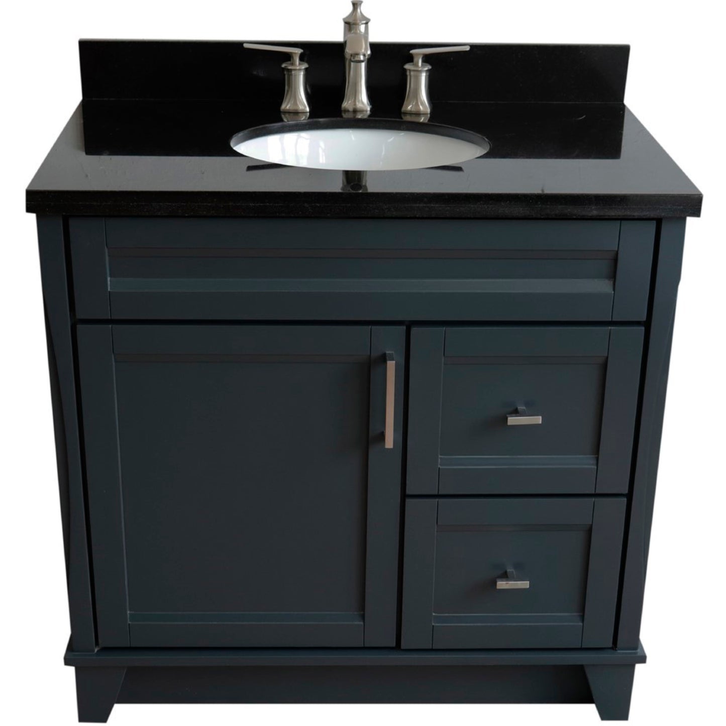 37" Single sink vanity in Dark Gray finish with Black galaxy granite and Left door/Center sink