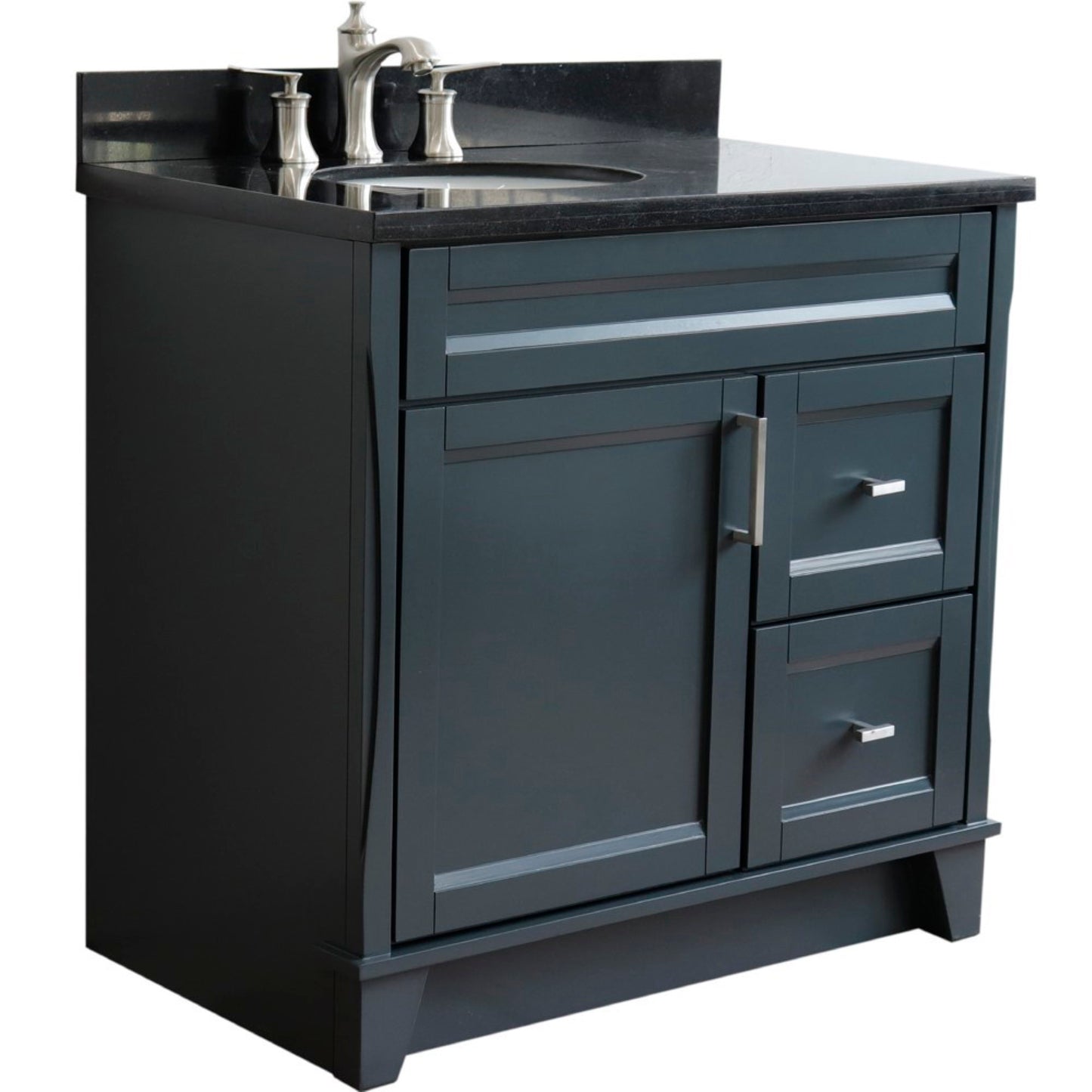 37" Single sink vanity in Dark Gray finish with Black galaxy granite and Left door/Left sink