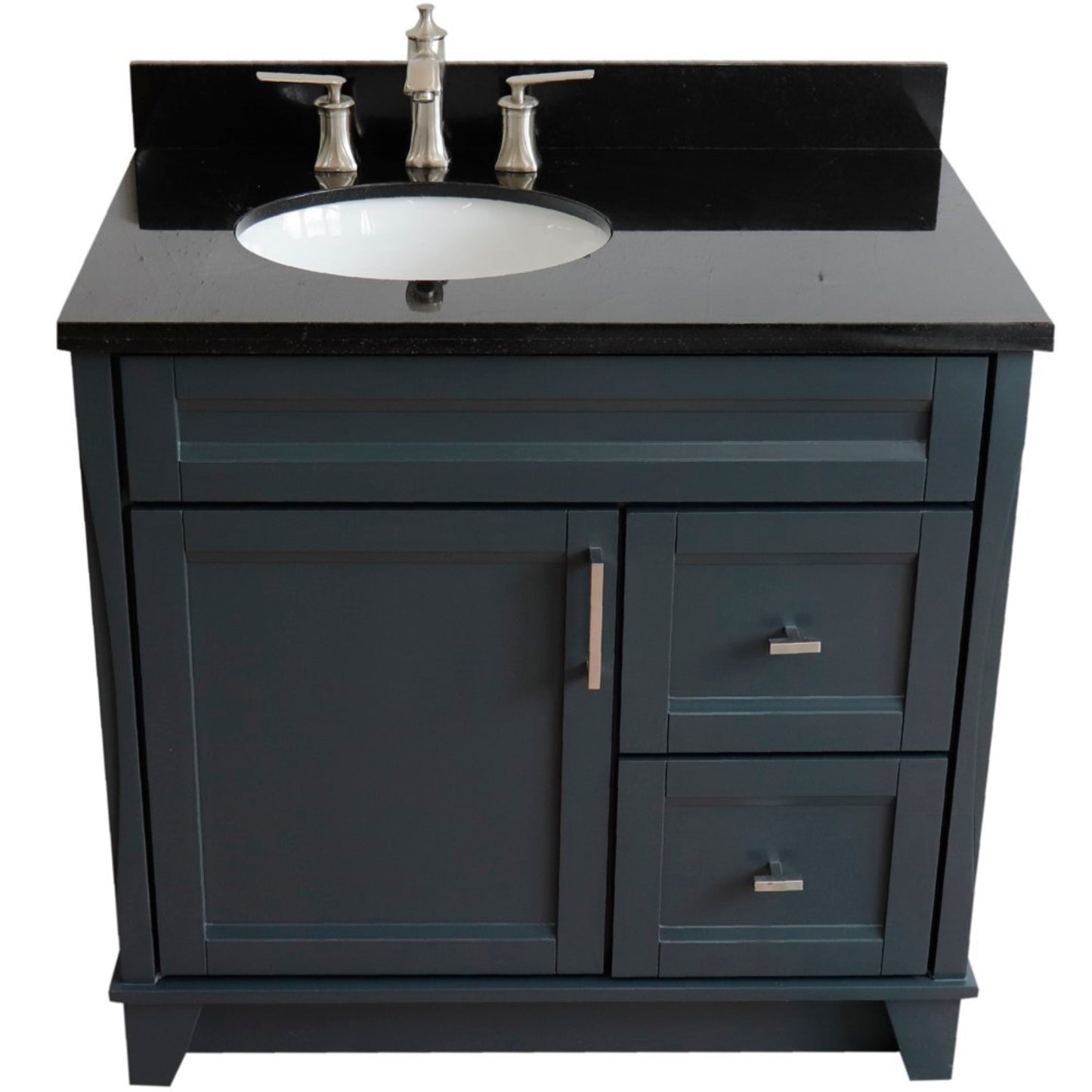 37" Single sink vanity in Dark Gray finish with Black galaxy granite and Left door/Left sink