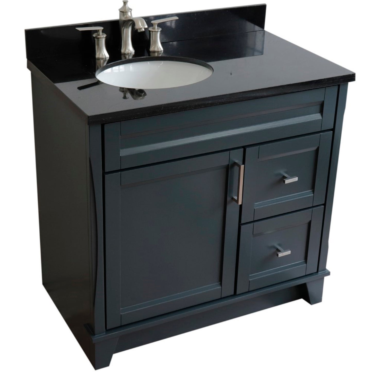 37" Single sink vanity in Dark Gray finish with Black galaxy granite and Left door/Left sink