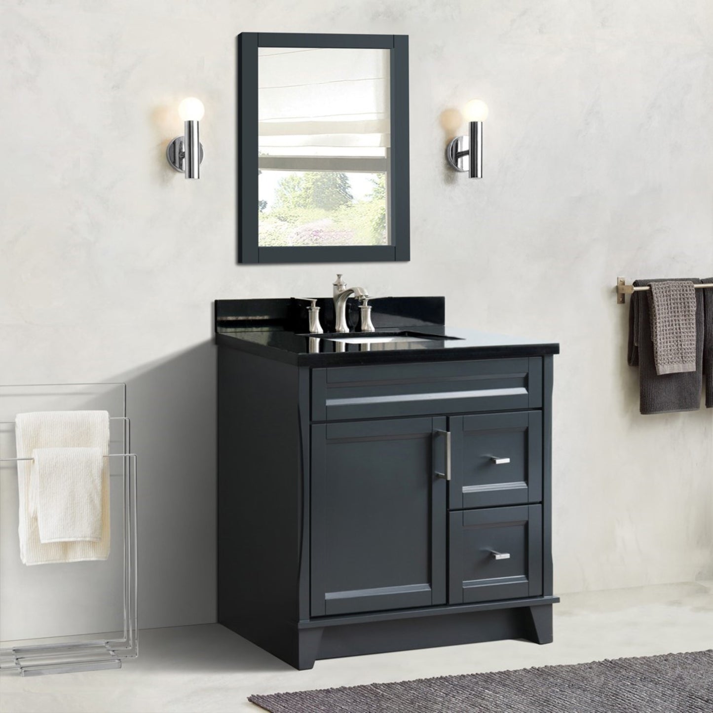 37" Single sink vanity in Dark Gray finish with Black galaxy granite and Left door/Center sink
