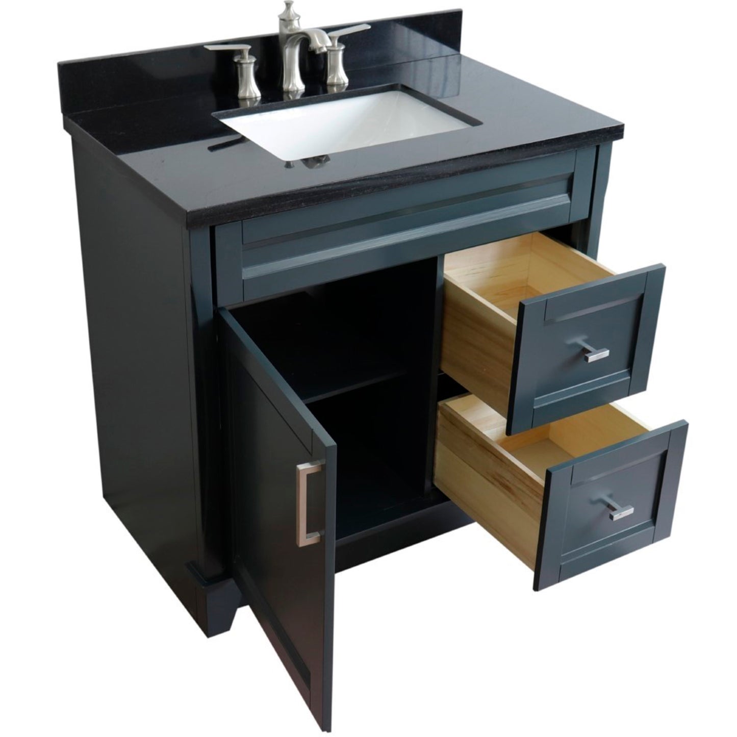 37" Single sink vanity in Dark Gray finish with Black galaxy granite and Left door/Center sink