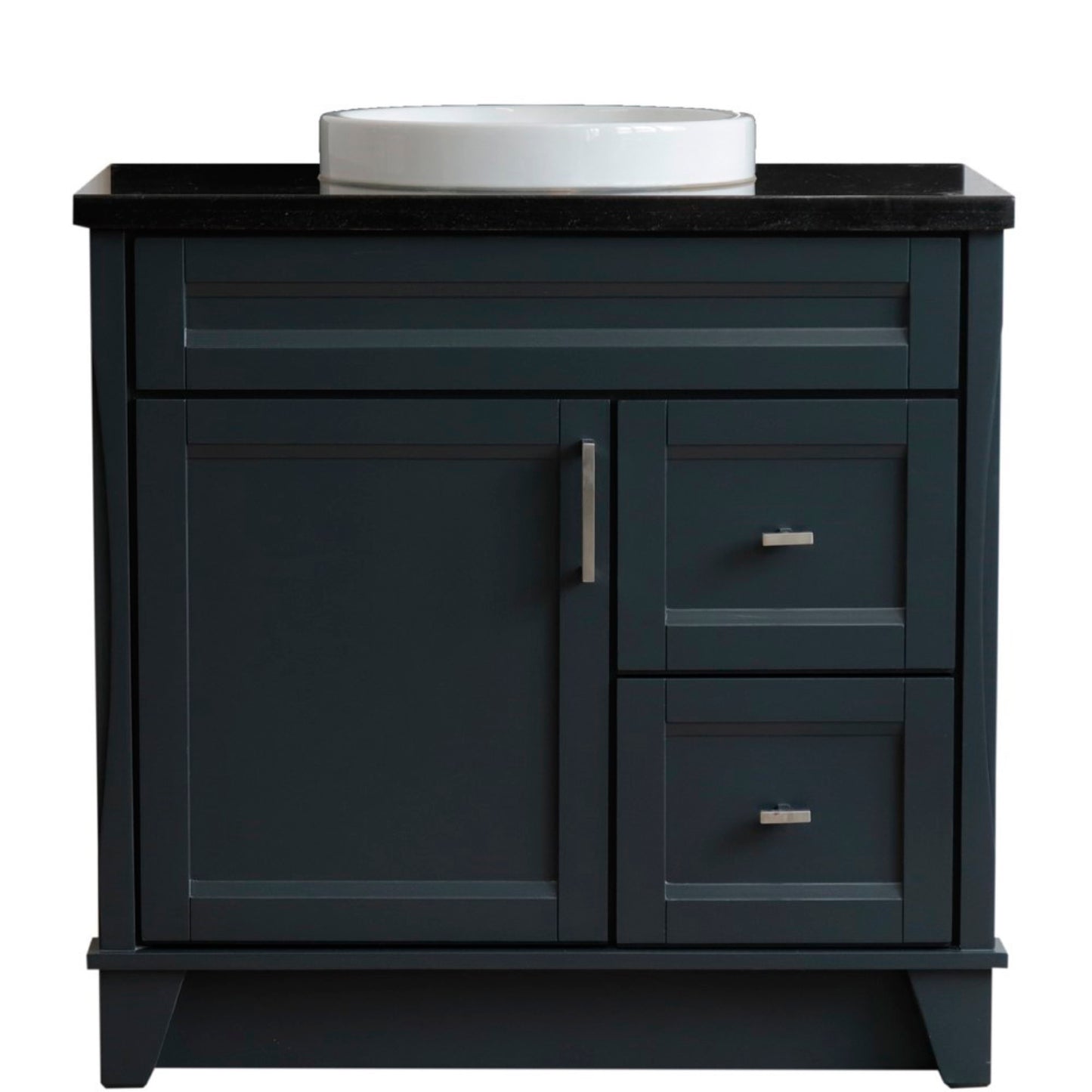 37" Single sink vanity in Dark Gray finish with Black galaxy granite and Left door/Round Center sink