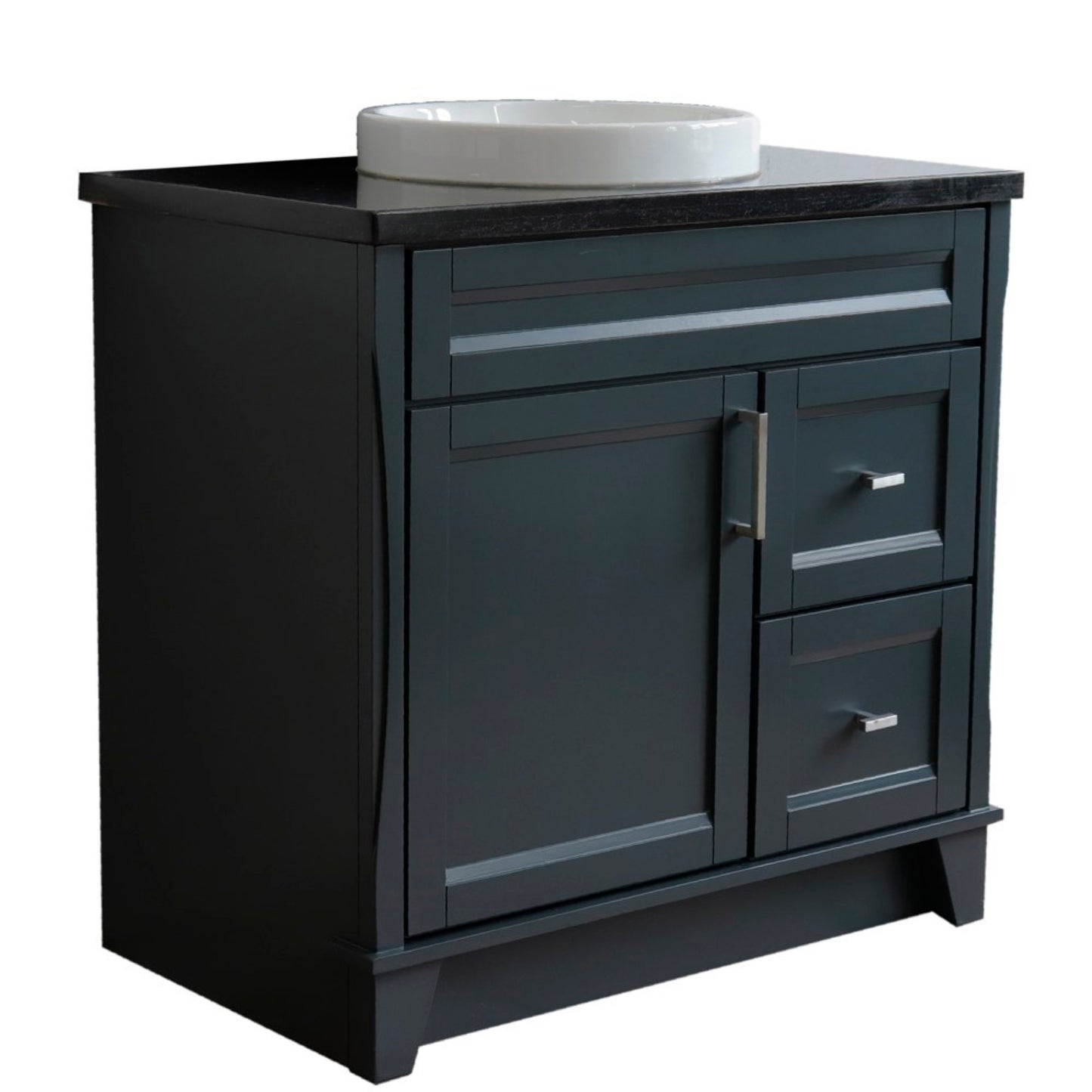 37" Single sink vanity in Dark Gray finish with Black galaxy granite and Left door/Round Center sink