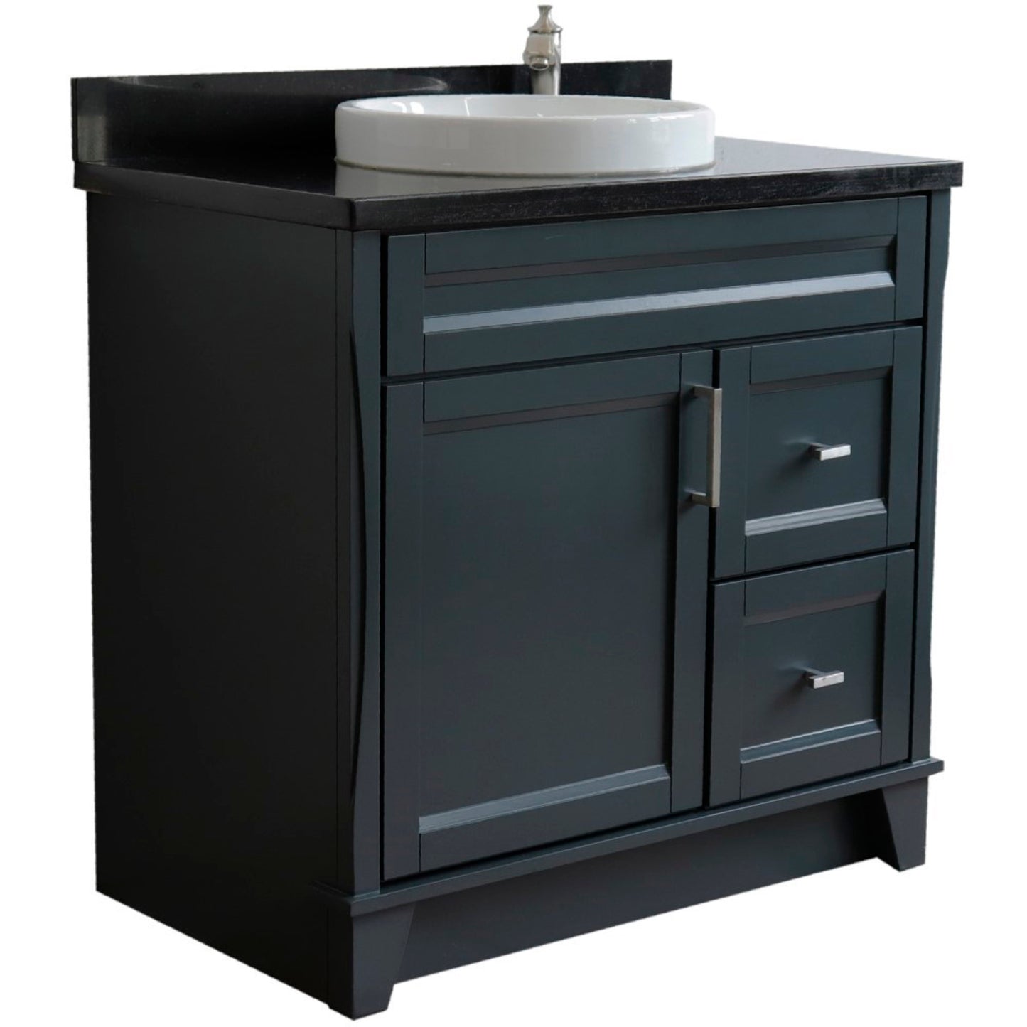 37" Single sink vanity in Dark Gray finish with Black galaxy granite and Left door/Round Center sink