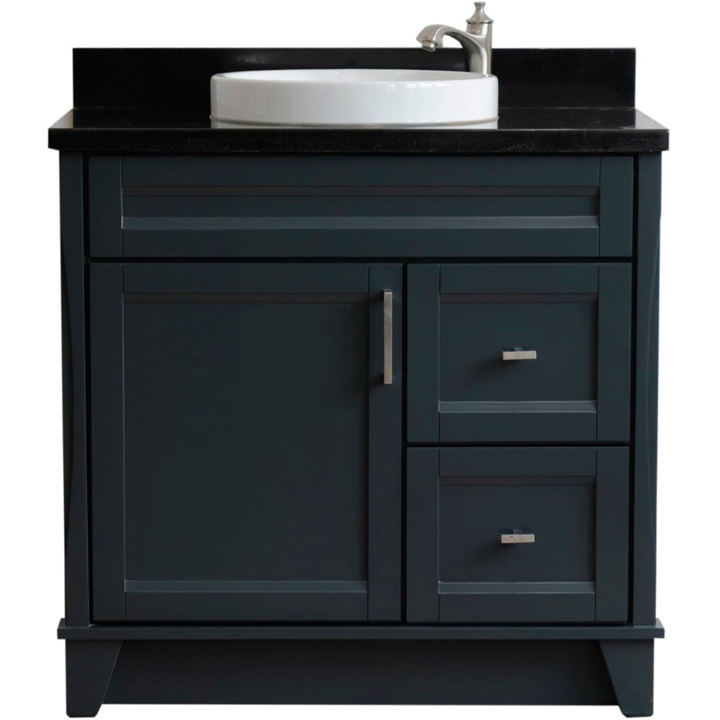 37" Single sink vanity in Dark Gray finish with Black galaxy granite and Left door/Round Center sink